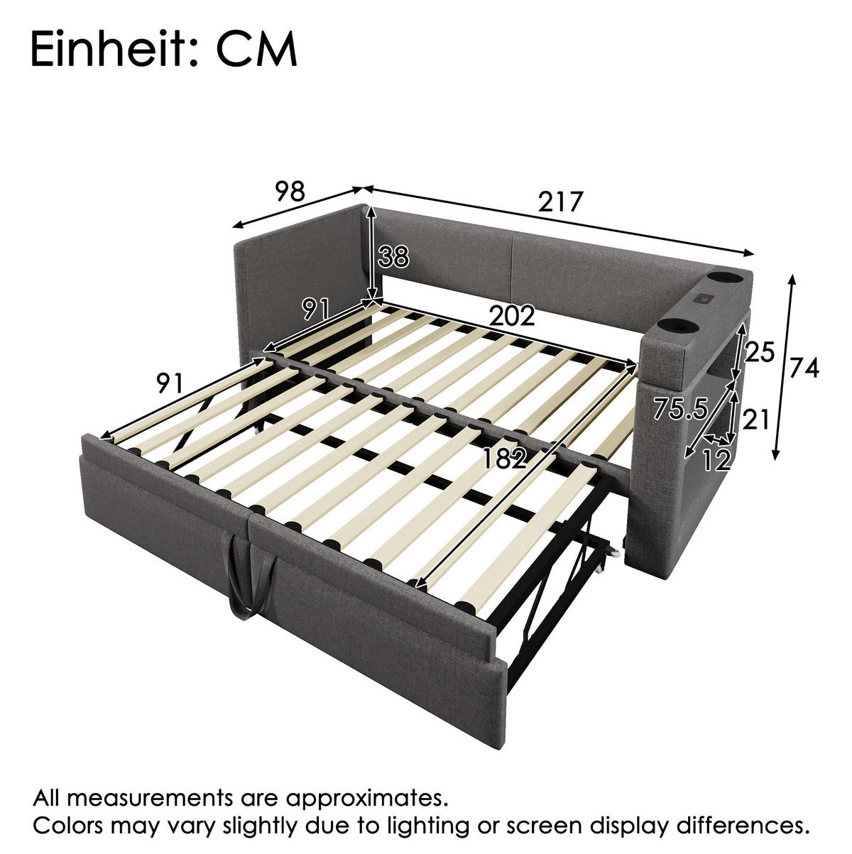POLSTERBETT 90/200 cm mit Ausziehbett, USB- und Type-C-Anschluss, Getränkehaltern und Ablagen, Baumwoll-Leinen-Bezug, Grau - Grau, Textil (90/200cm) - Redom