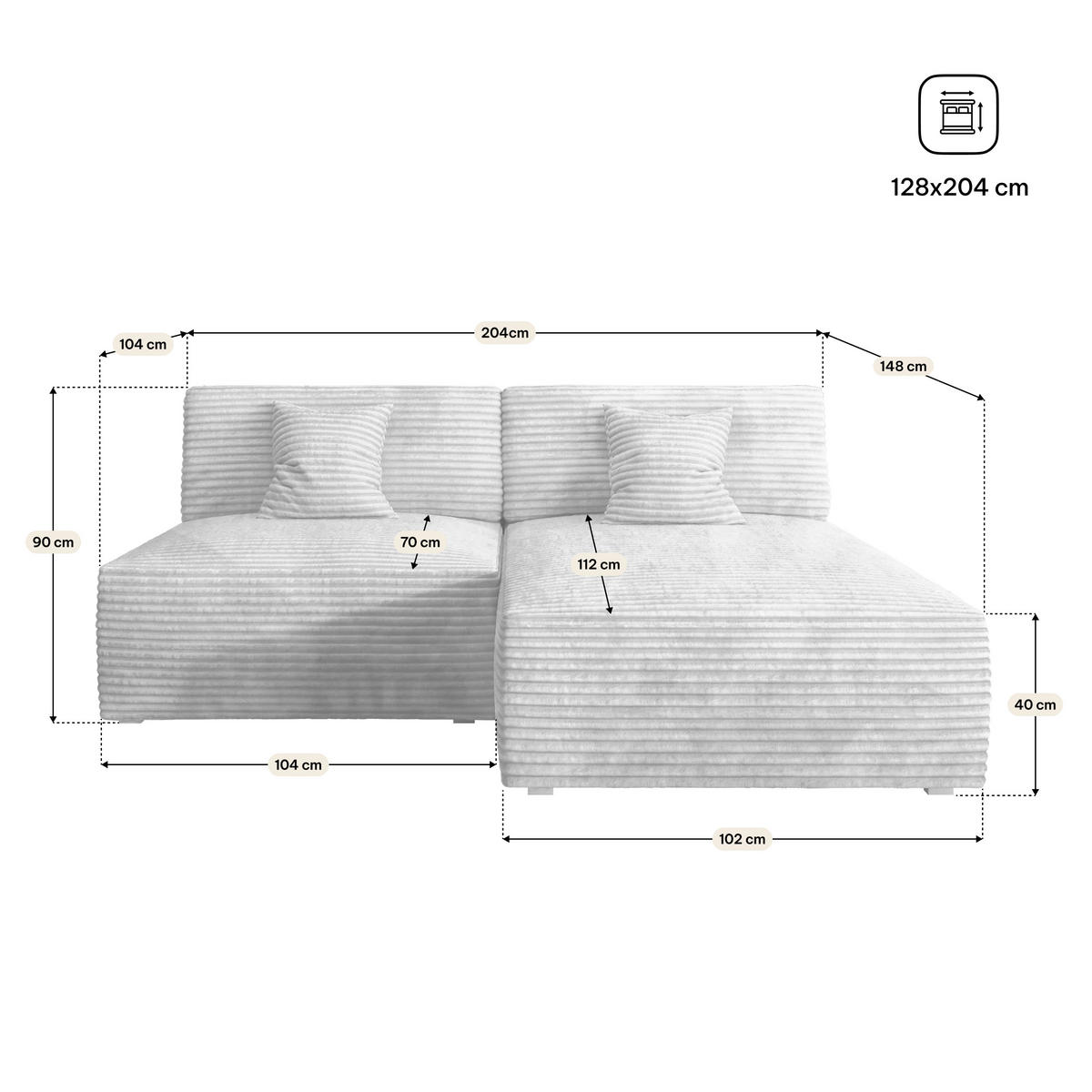 ECKSOFA FIORO Hellgrau Kordstoff mit Schlaffunktion - Hellgrau, Holz (204/148cm) - MASSENO