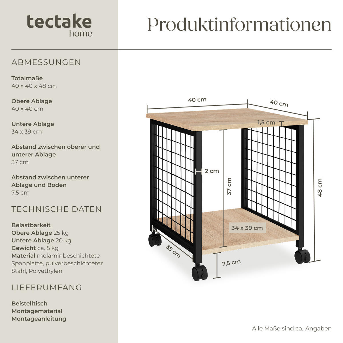 BEISTELLTISCH Gary,40 x 40 x 48 cm,Industrial Holz hell, Eiche Sonoma - Naturfarben, Holzwerkstoff (40/40/48cm) - tectake