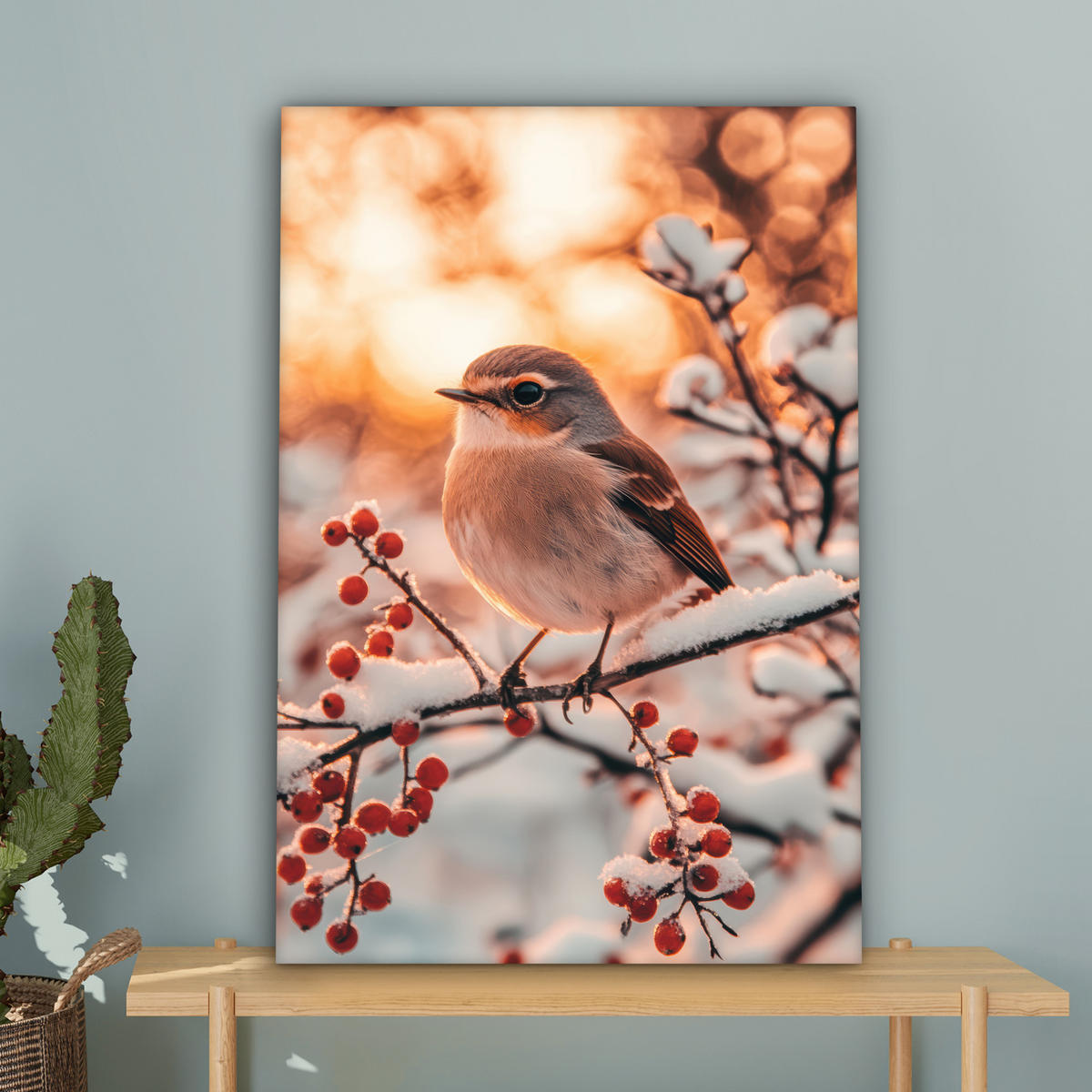 LEINWANDBILD Vogel - Zweig - Winter - Tiere - Schnee 40x60 cm - Bernsteinfarben, Textil (40/60cm) - MuchoWow