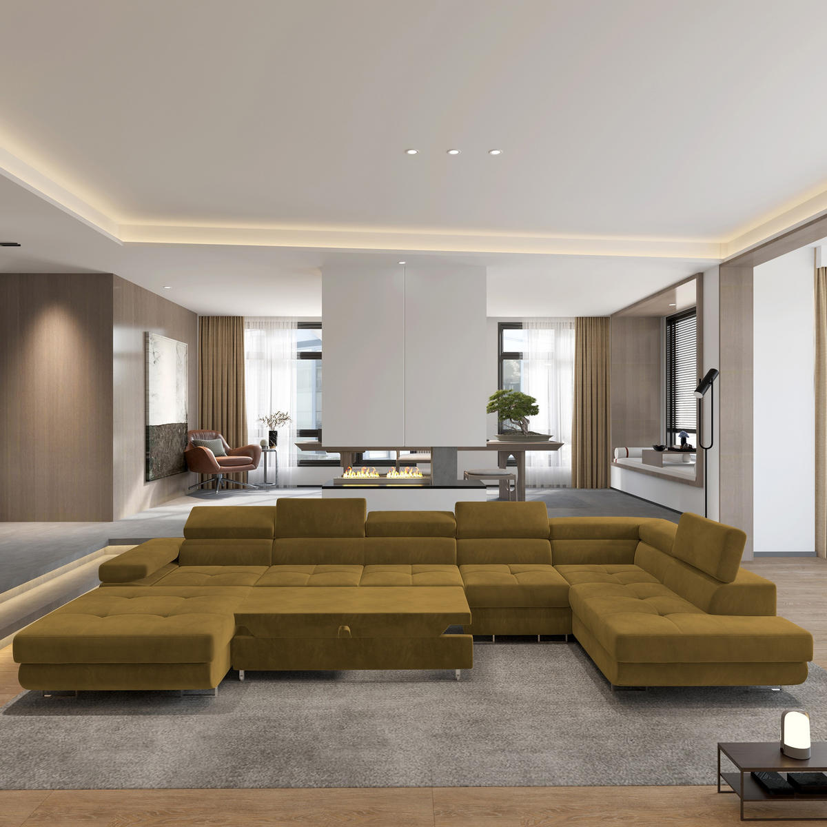 WOHNLANDSCHAFT VELORA R-S Gelb Velours-Stoff mit Schlaffunktion - Gelb, Holz (419/90/202cm) - MASSENO