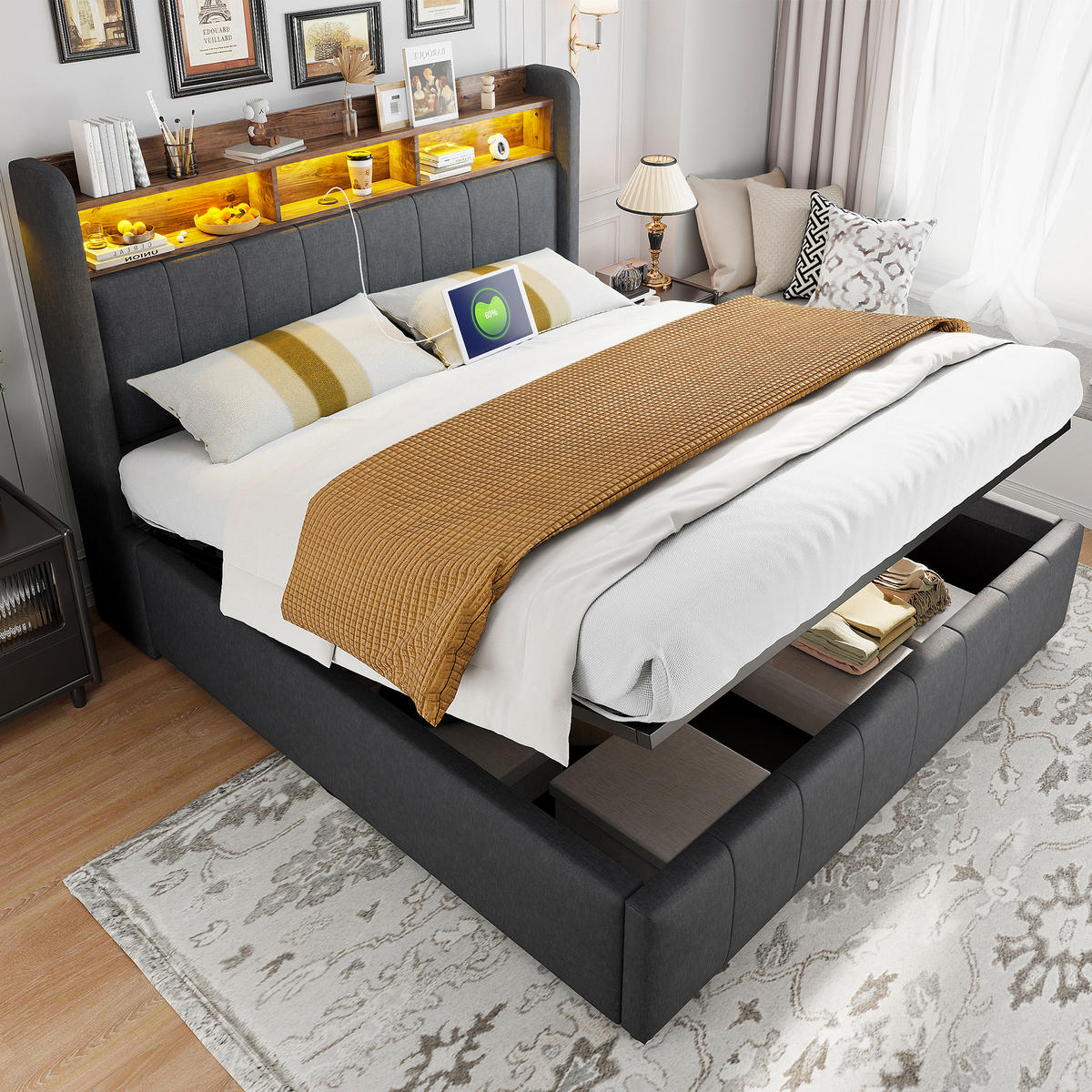 POLSTERBETT 160/200 cm in Grau Leinen mit Stauraum, LED, USB und Type-C - Grau, Holzwerkstoff/Textil (160/200cm) - WISHDOR