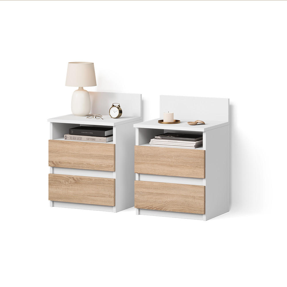 NACHTTISCH Roya, Weiß/Sonoma, 2er Set - Weiß/Sonoma Eiche, Holzwerkstoff (39.6/59.1/32.3cm) - Livinity®