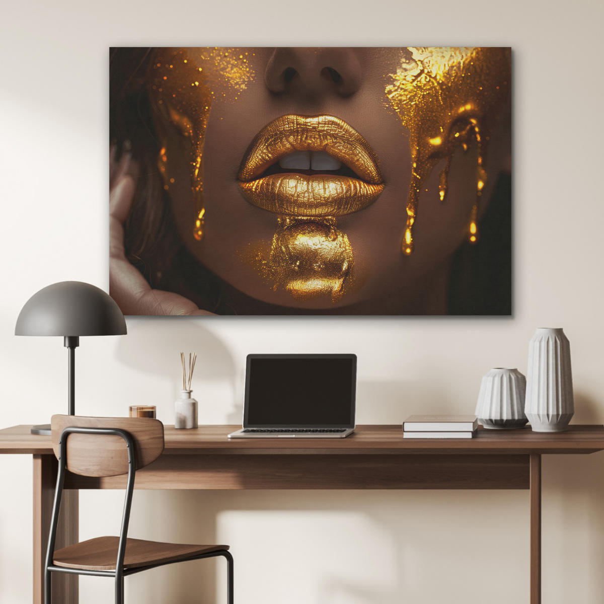 AKUSTIKBILD Frau - Gold - Luxus - Porträt Akustikpaneele 90x60 cm - Goldfarben, Kunststoff (90/60/0.9cm) - MuchoWow
