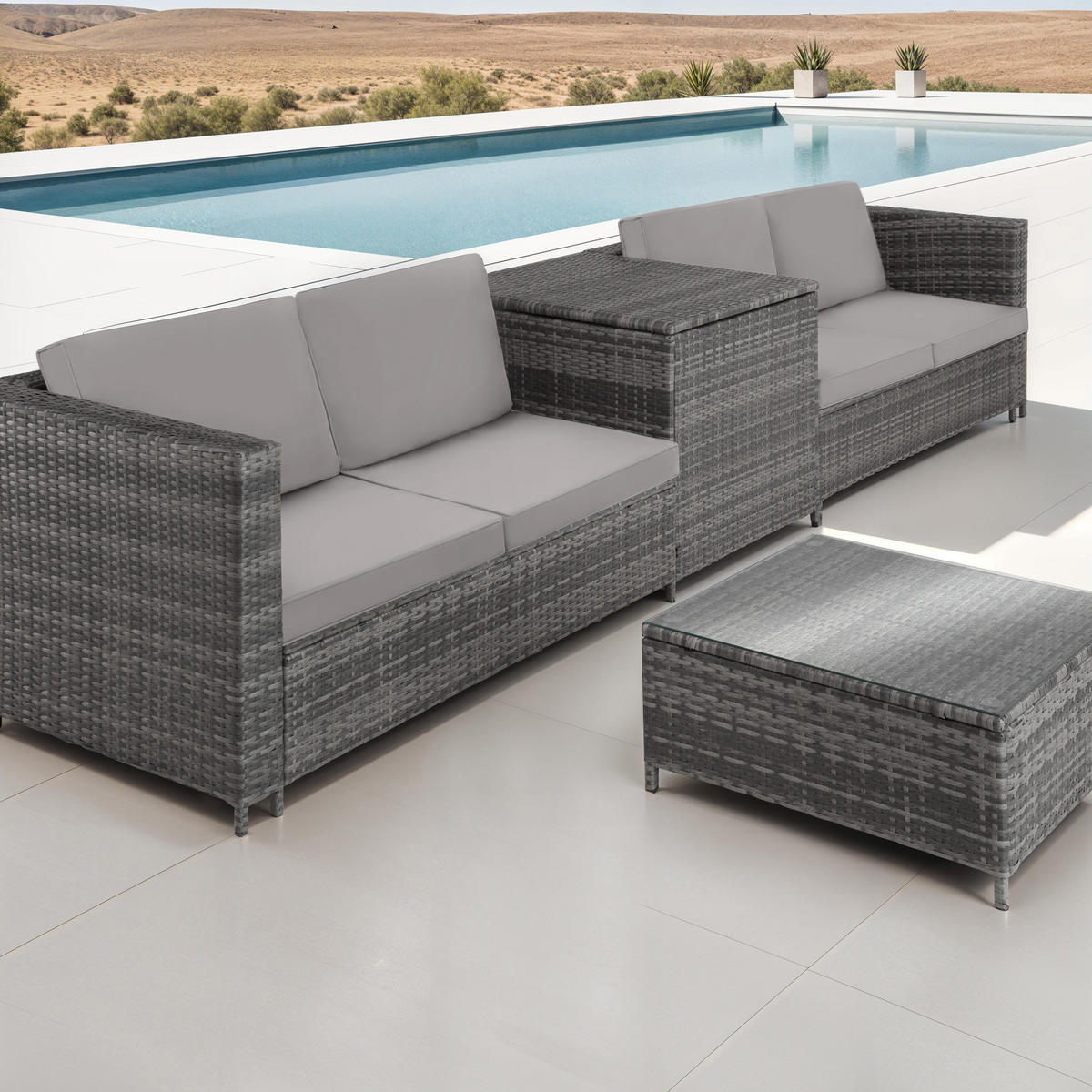 RATTANLOUNGE Siena,mit Sicherheitsglasplatte,grau/hellgrau - Grau, Kunststoff - tectake