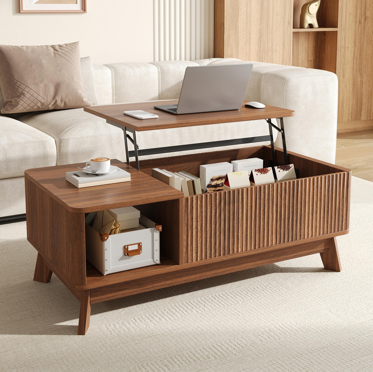 COUCHTISCH 95/48/50 cm in Nussbaum aus MDF mit Hubfunktion und Wellenoptik - Walnussfarben, Holzwerkstoff (95/48/50cm) - OKMYHOME