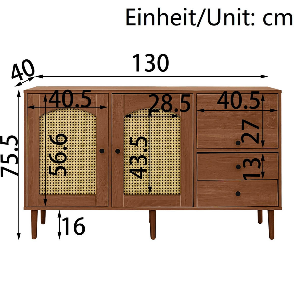 SIDEBOARD 130/40/75,5 cm in Holzfarbe mit Rattantüren im Landhausstil - Eichefarben, Holzwerkstoff (130/75.5/40cm) - BEAOK