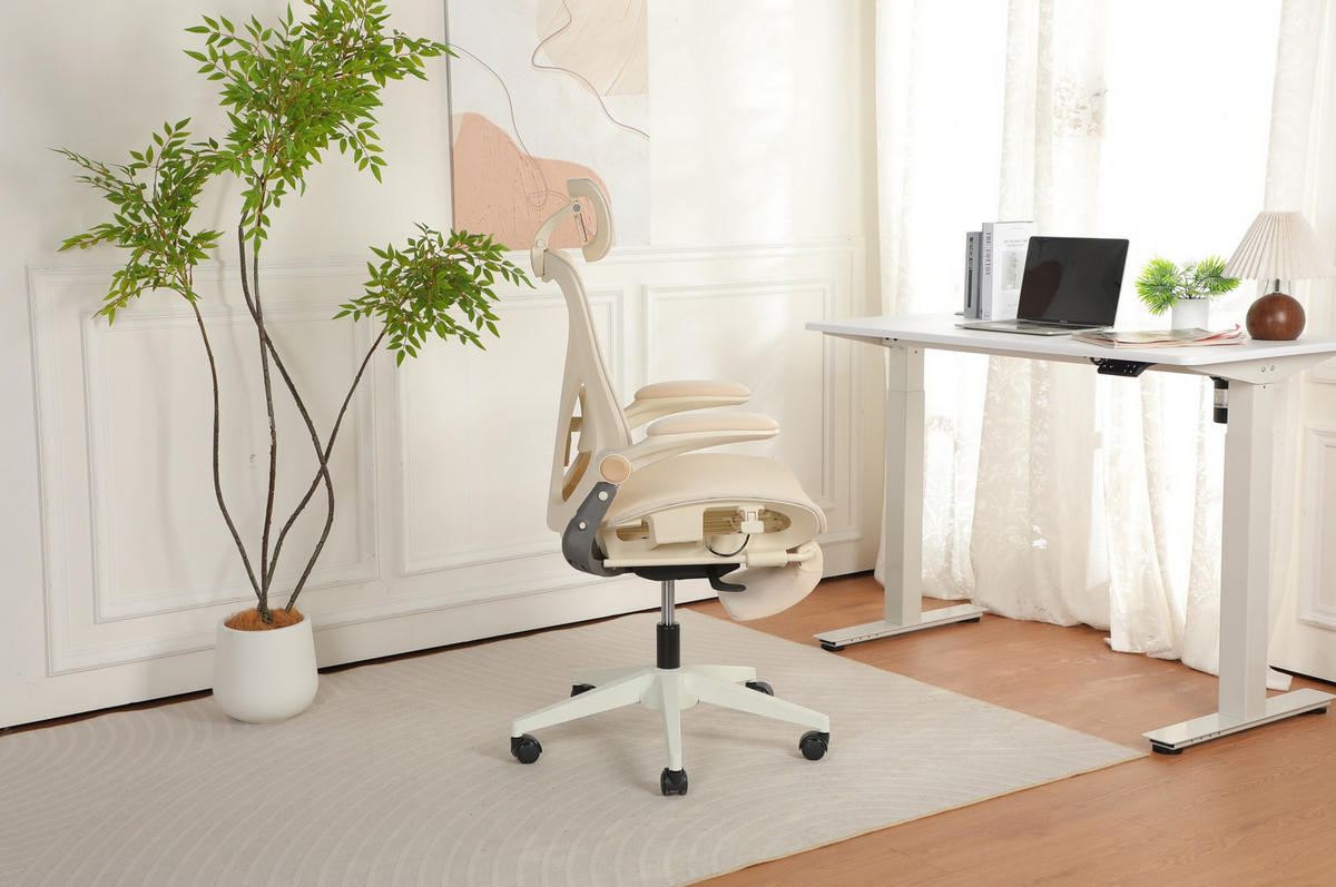 DREHSTUHL 67/67/129 cm cream aus Mesh klappbar ergonomisch mit Kopf- und Taillenstütze - Creme, Textil (62/129/48.5cm) - OKWISH