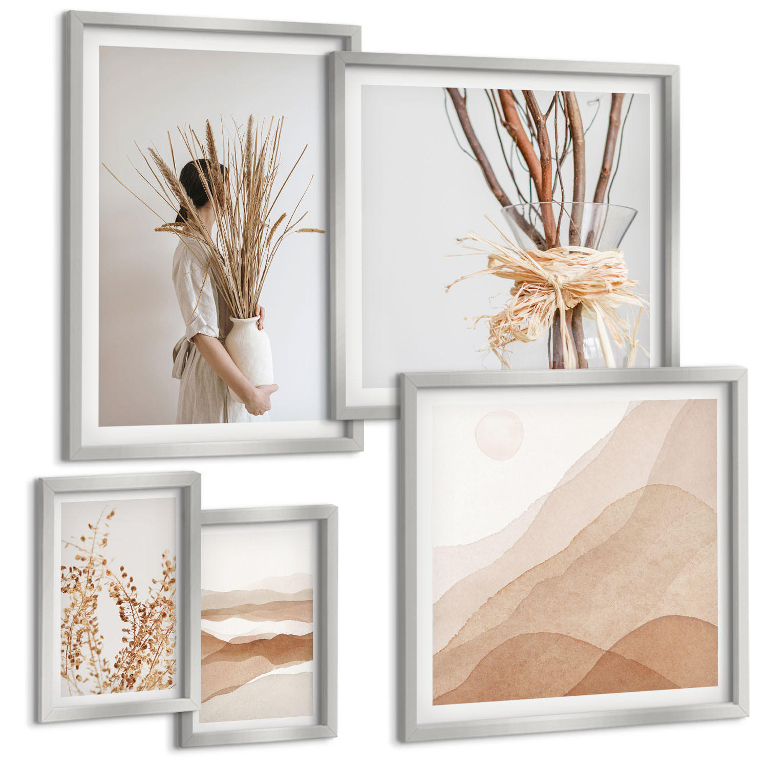 BILDER SET 5er Set - 50x50 cm & 20x30 cm & 40x60 cm Silberner Rahmen - Pflanzenmotive im Boho-Stil - Silberfarben, Kunststoff (40/60cm) - TULUP