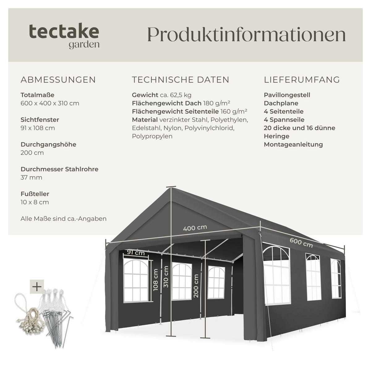 PAVILLON Jasko, inklusive Spannseilen und Heringen, grau - Grau, Kunststoff (400/310/600cm) - tectake