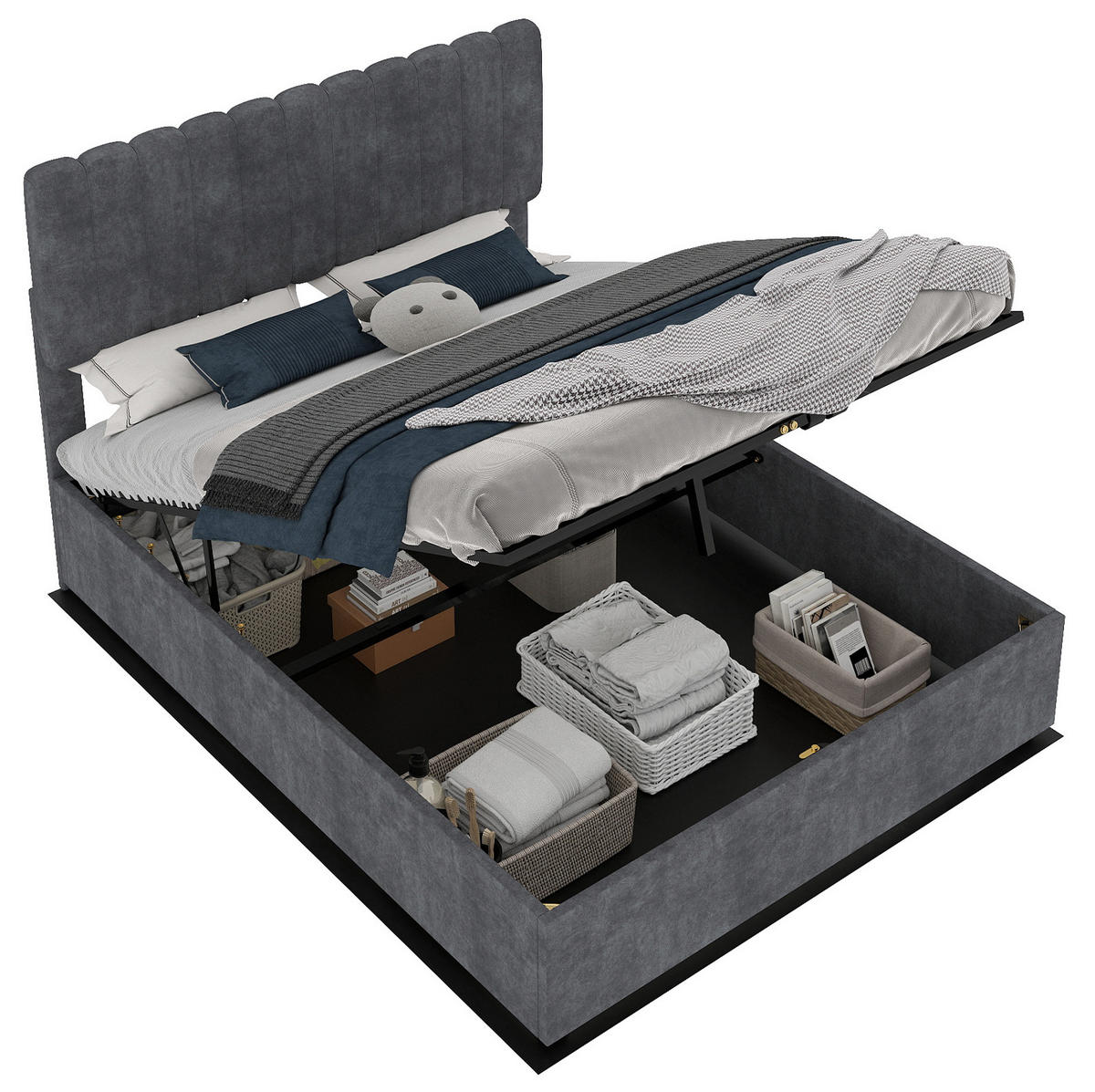 POLSTERBETT 160/200 cm grau aus Stoff und Metall mit Stauraum - Grau, Textil (160/200cm) - OKWISH