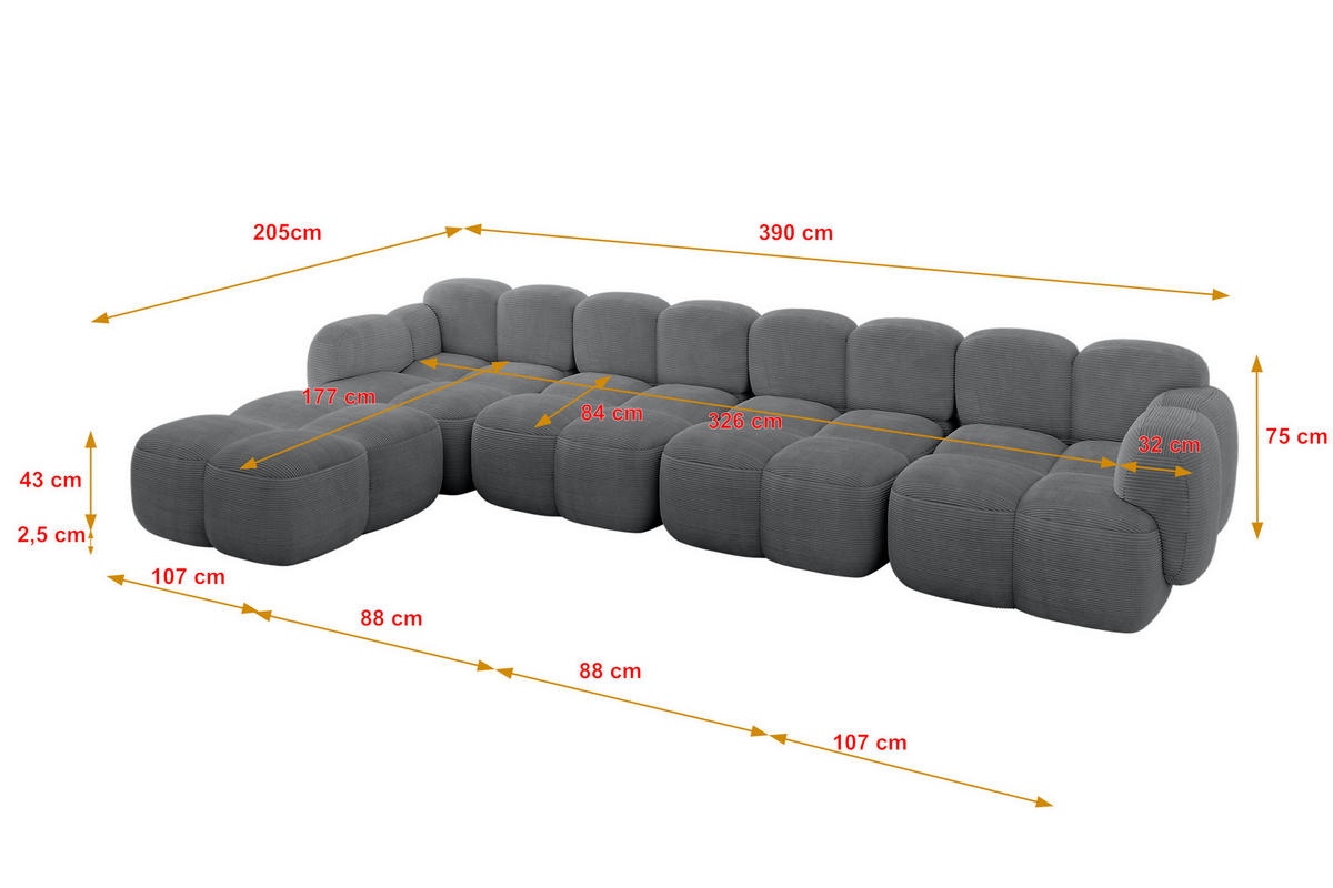 ECKSOFA modulares Sofa Links Miko-L3 390x205x75 Dunkelgrau Cord - Graphitfarben/Schwarz, Holzwerkstoff/Kunststoff (390/205cm) - ALTDECOR