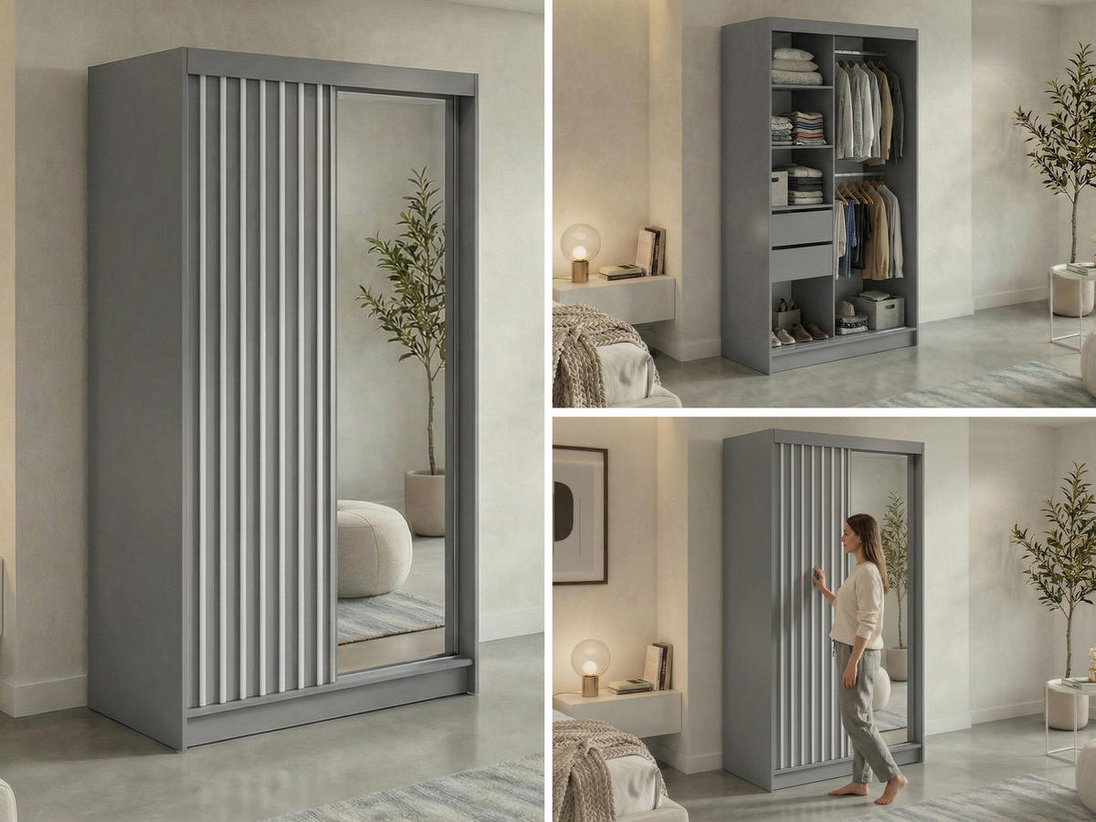 SCHWEBETÜRENSCHRANK mit Spiegel und Schubladen LAOS - 120 - Grau - Weiß Lamellen - Alufarben/Weiß, Holzwerkstoff/Metall (120/216/61cm) - MKS
