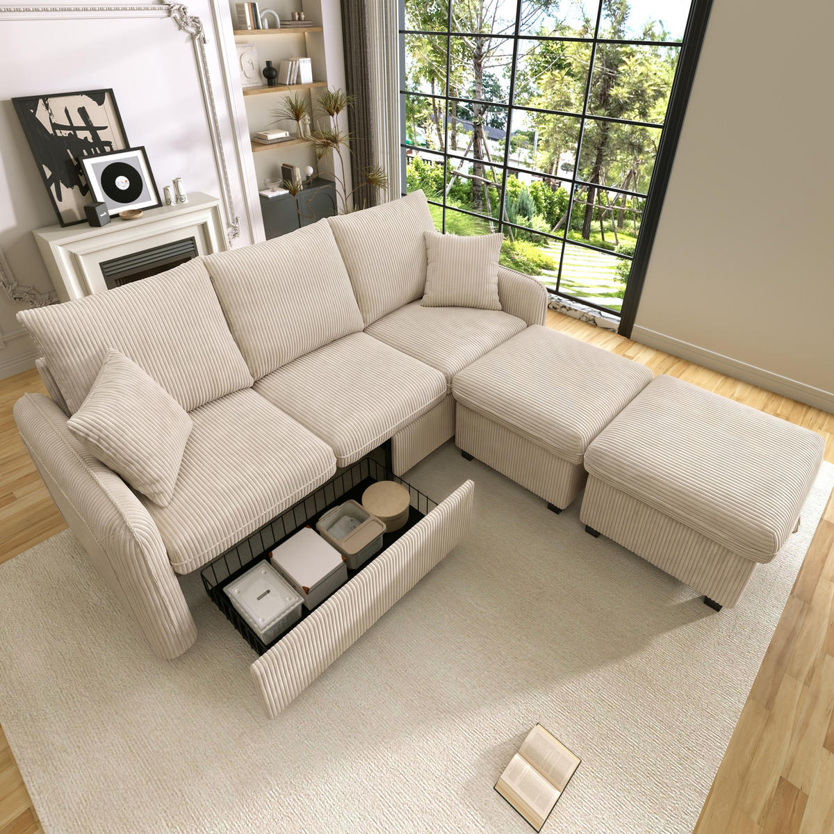 WOHNLANDSCHAFT 5-Sitzer Cord Beige mit Schlaffunktion, Stauraum und mit Hocker - Beige, Holzwerkstoff/Kunststoff (188/86/82cm) - WISHDOR