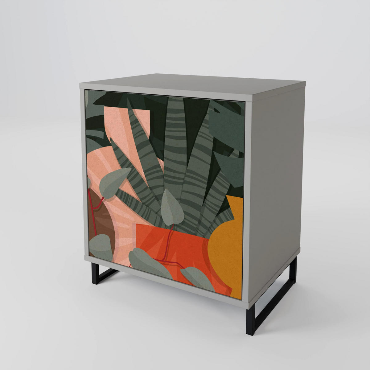 SIDEBOARD TROPICAL COMPOSITION, Grau, 57,5x42x57,5 cm, Ohne Füße - Multicolor/Grau, Holzwerkstoff (57.5/57.5/42cm) - SpaceRebels