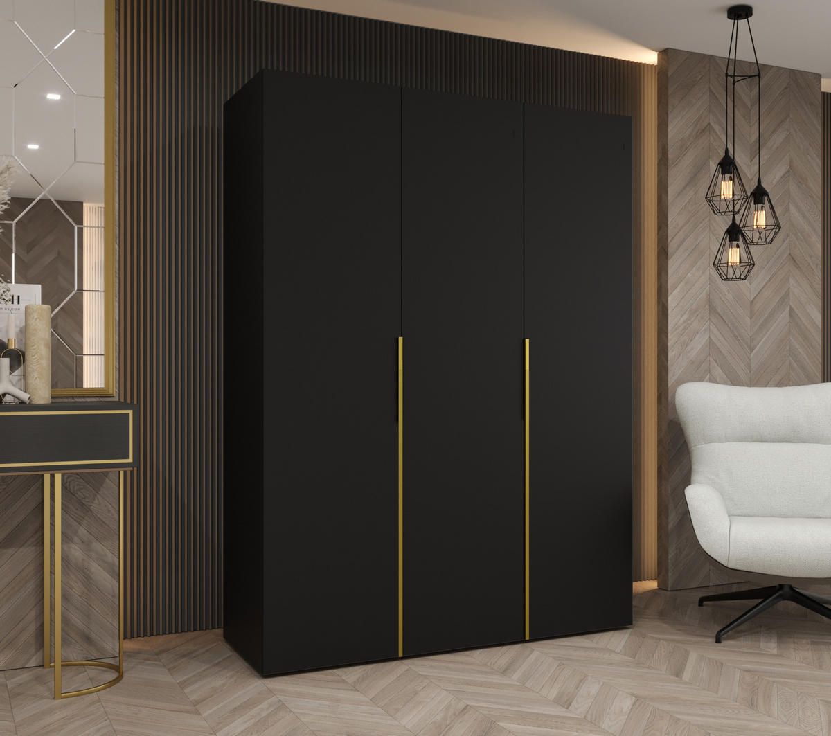 DREHTÜRENSCHRANK 202/150/52 3-türig - Goldfarben/Schwarz, Holz (150/202/52cm) - Abiks Möbel