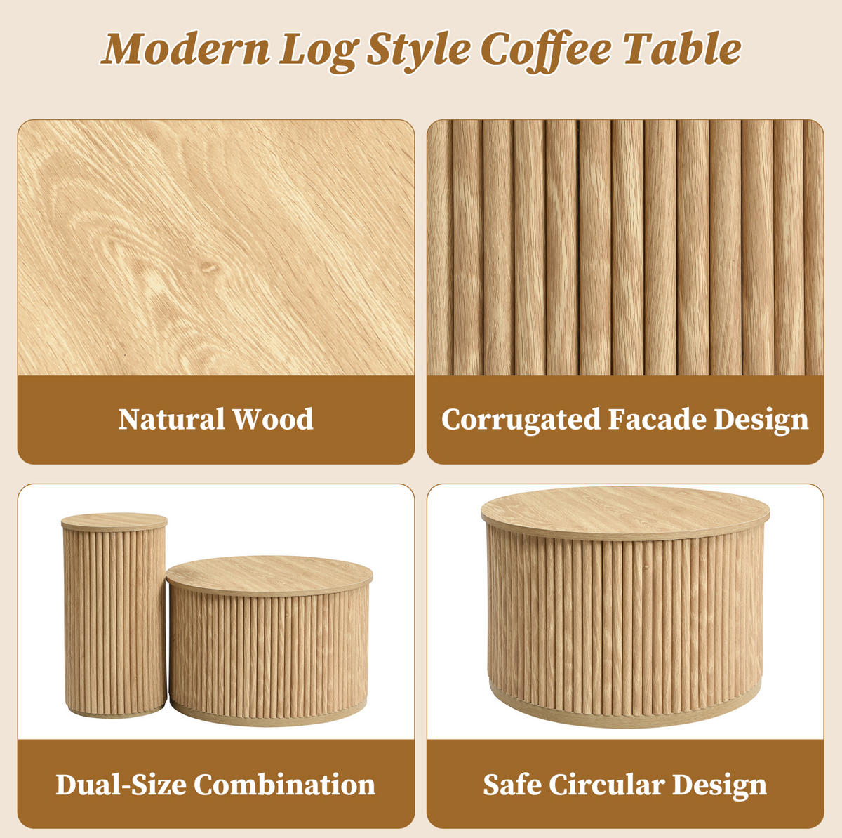 COUCHTISCH 60/60/38.5 + 30/30/56 cm aus MDF in Natur mit Streifenmuster - Naturfarben, Holzwerkstoff (60/60/38.5cm) - OKMYHOME