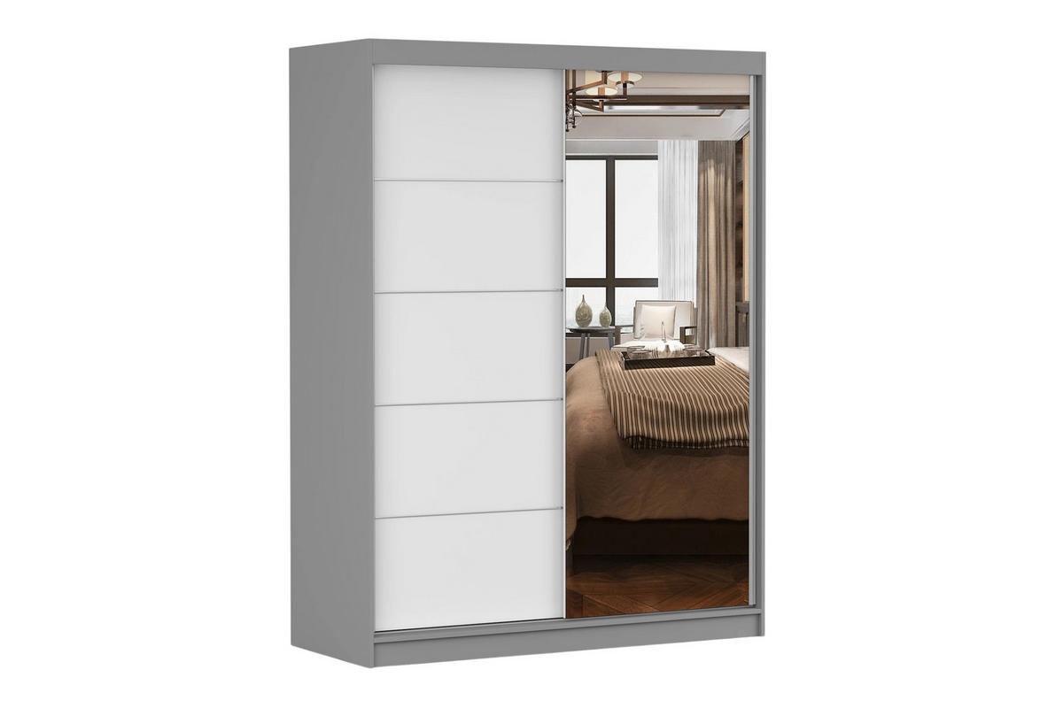 SCHWEBETÜRENSCHRANK VELMA 05 150/200 in Grau/Weiß mit Spiegel und LED - Weiß/Grau, Holzwerkstoff (150/61/200cm) - Deine Möbel 24