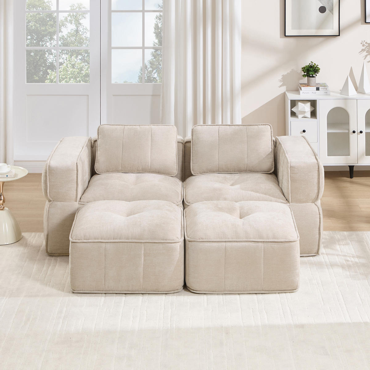 2-SITZER-SOFA DE-34428 modular mit 2 Hockern Beige - Beige, Textil (162/67/198cm) - ComfortXL