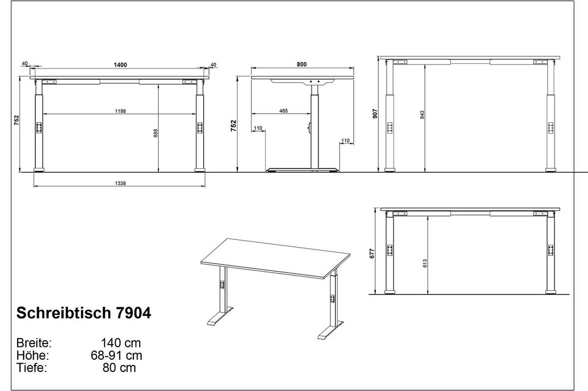 SCHREIBTISCH höheneinstellbar "Stuttgart" 68-91cm Graphit 140x80cm, C-Fuß - Schwarz, Holzwerkstoff/Metall (80/140/91cm) - KADIMA DESIGN