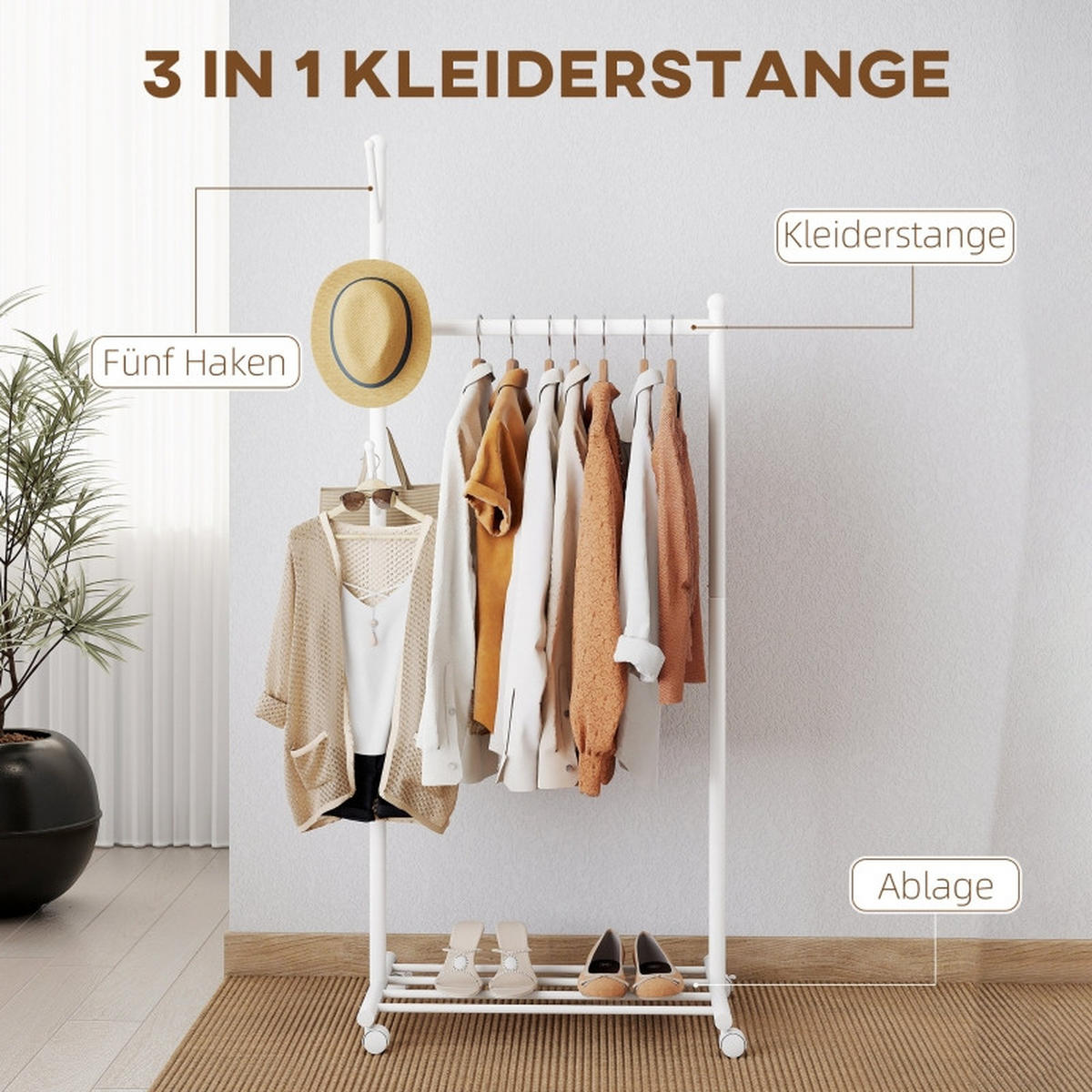 STANDGARDEROBE in Weiß mit 5 Haken, Kleiderstange und Schuhablage 68/43/171 cm - Weiß, Metall (68/171/43cm) - BEAOK