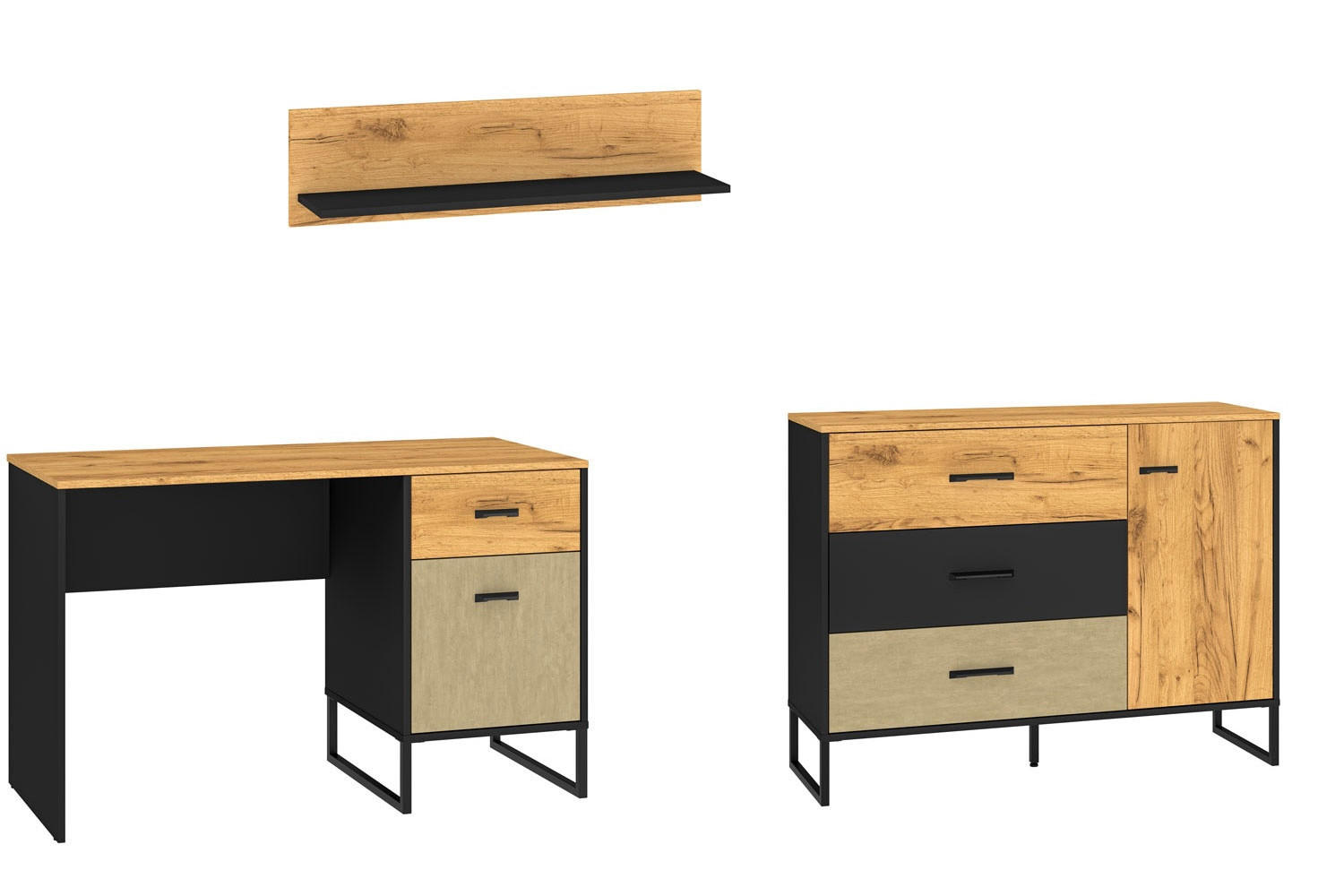 JUGENDZIMMER-SET Colt schwarz / Craft Gold Eiche / Premium Steel 3-teilig - Eichefarben/Braun, Holz/Holzwerkstoff (240/90/55cm) - Feldmann-Wohnen