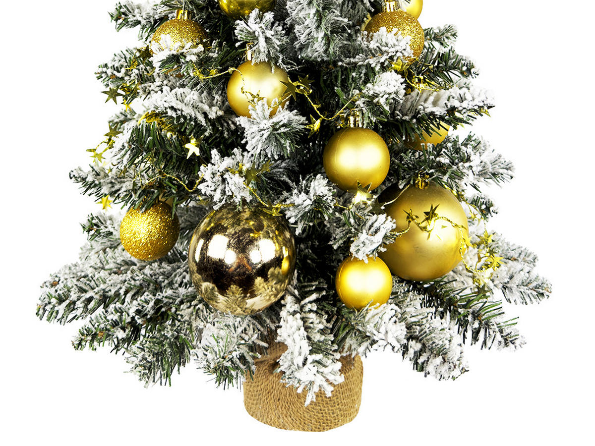 WEIHNACHTSBAUM künstlicher 60 cm mit LED-Beleuchtung, GOLDWEIHNACHTEN, mit 34 Weihnachtsbaumschmuck, Pflanztopf mit Jutesack - Goldfarben/Weiß, Kunststoff/Stein (40/60cm) - LAALU