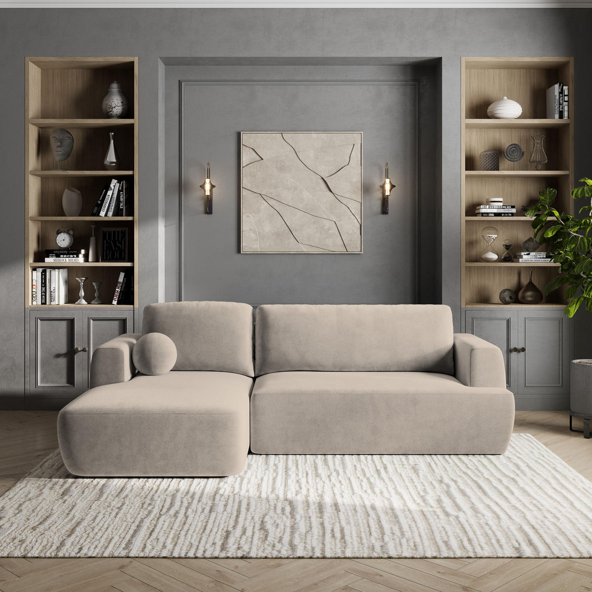 ECKSOFA SENTI K L-S Beige Plüsch-Stoff mit Schlaffunktion - Beige/Schwarz, Holz/Kunststoff (246/148cm) - MASSENO