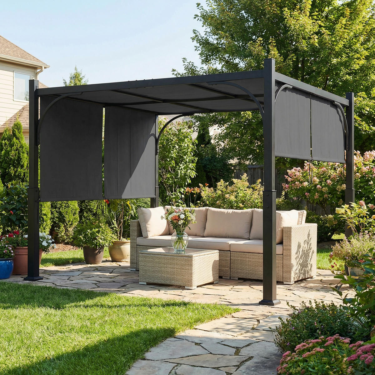 PERGOLA DE-12732 300/300 cm mit Schiebedach UV30+ Dunkelgrau - Dunkelgrau, Metall (300/228/300cm) - ComfortXL