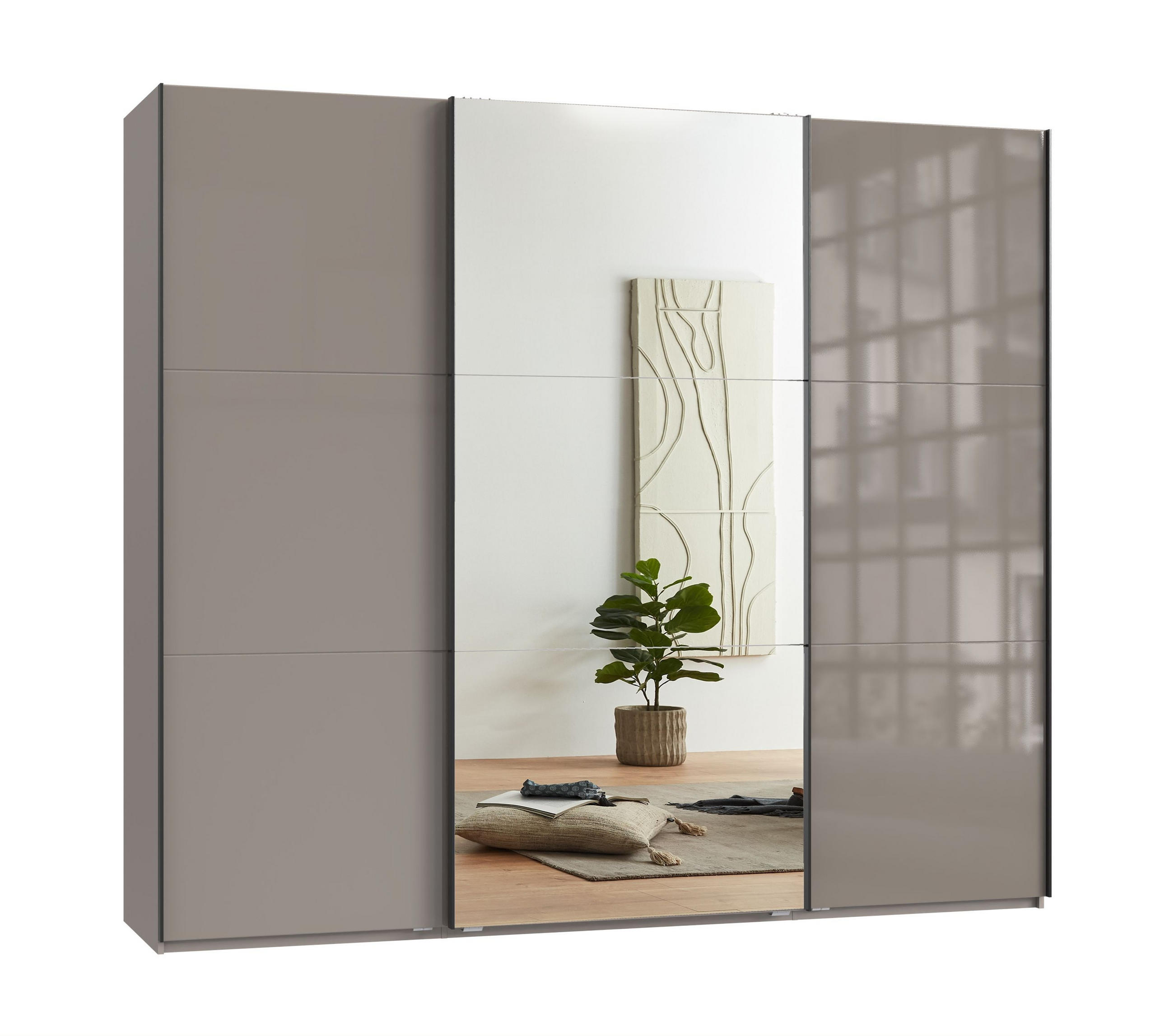 luma-home SKŘÍŇ S POSUVNÝMI DVEŘMI, 3dveřová, 250 × 216 × 65 cm (Š×V×H), v pískově šedé barvě se skleněnou přední stranou, s jedněmi zrcadlovými dveřm