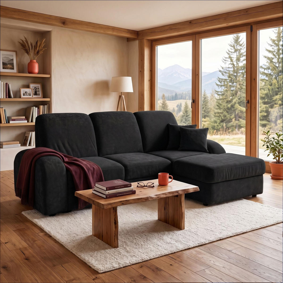ECKSOFA VIBE S Rechts mit Schlaffunktion 130x202 Chenille Anthrazit - Anthrazit/Schwarz, Holz/Kunststoff (156/255cm) - Muffo