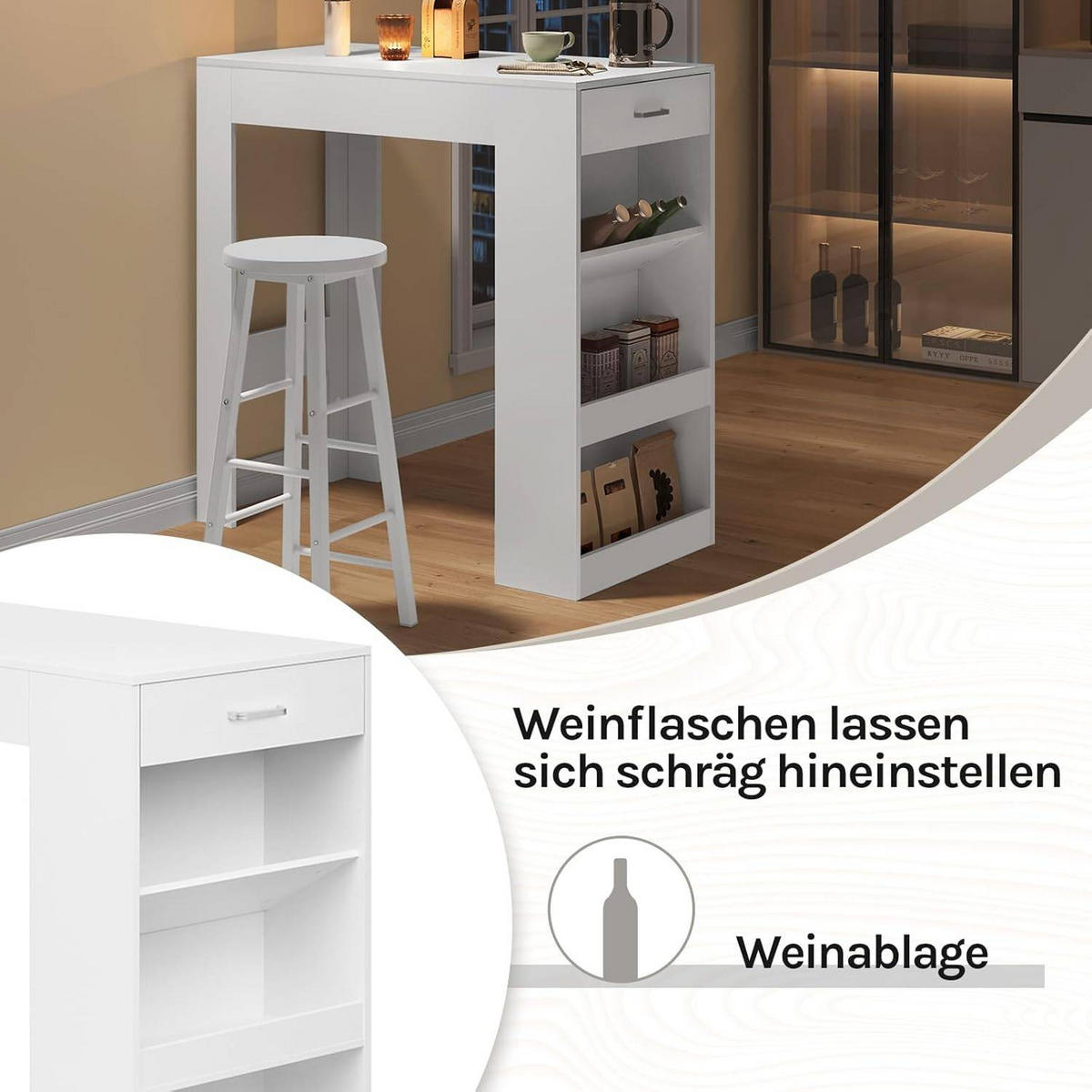 BARTISCH, Küchentisch mit Weinregal,100 x 50 x 100 cm - Weiß, Holzwerkstoff (50/100/100cm) - Woltu