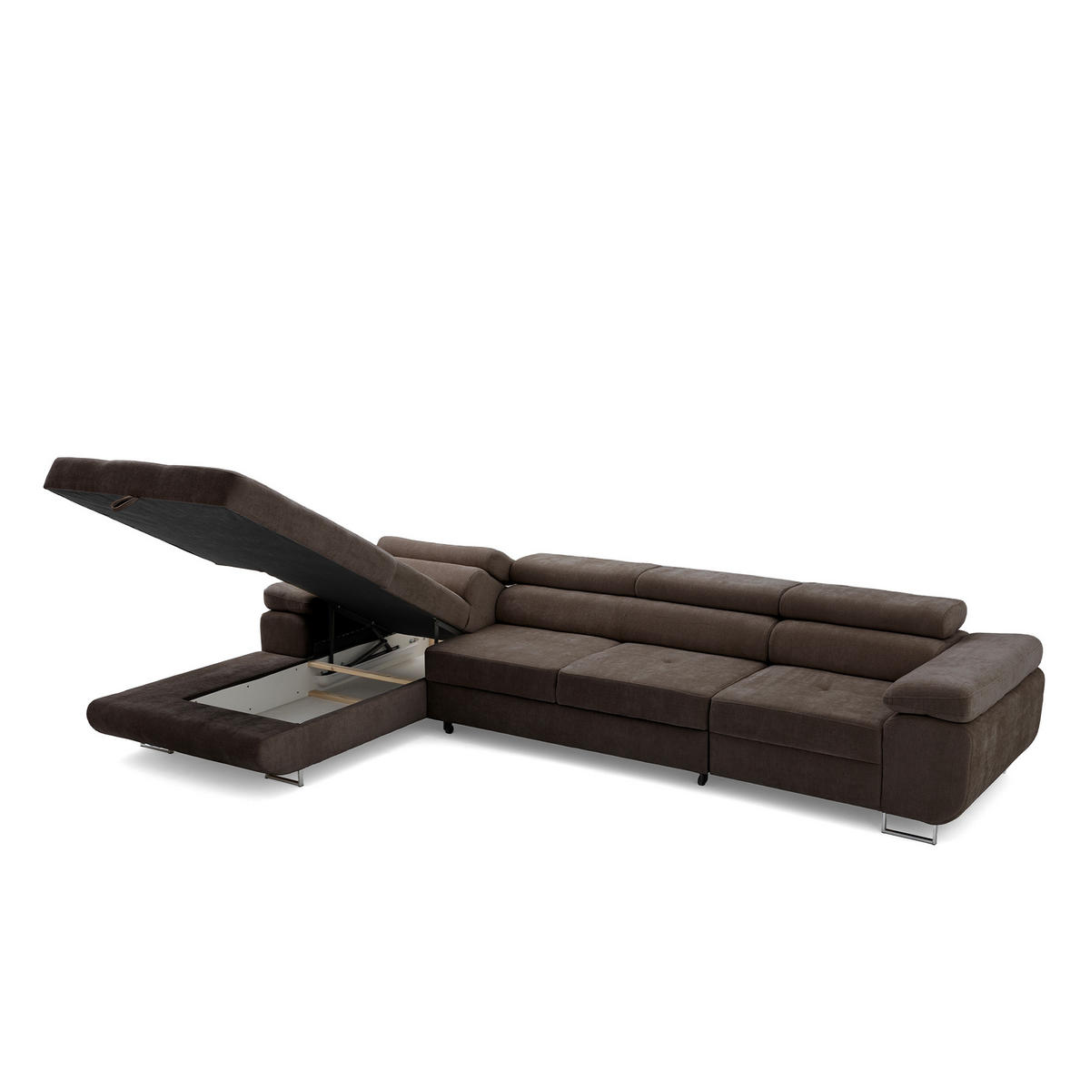ECKSOFA ALONZO MAXI Links mit Schlaffunktion 125x195 Chenille Dunkelbraun - Chromfarben/Dunkelbraun, Holz/Textil (350/203cm) - Muffo