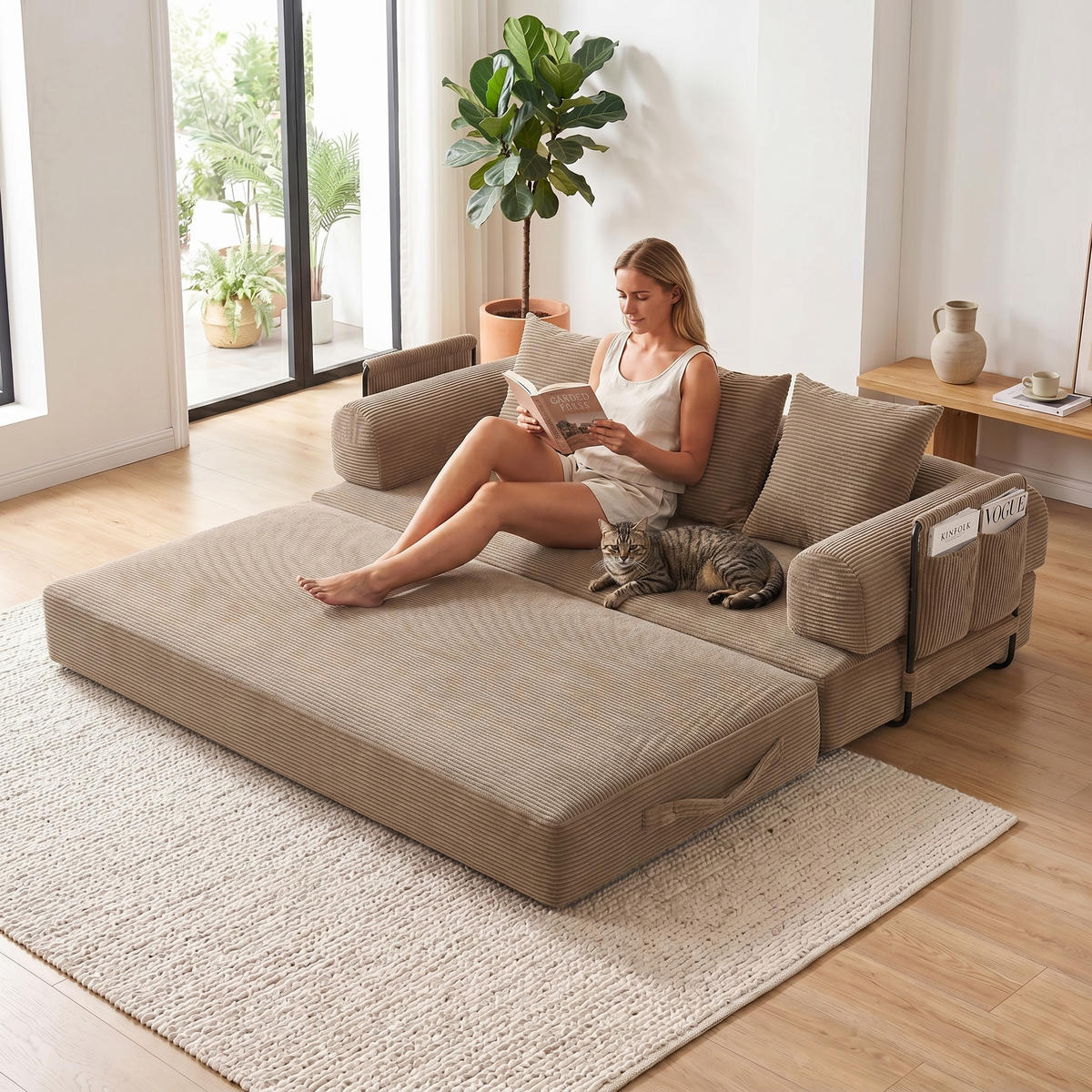 SCHLAFSOFA, Modulares Tagesbett mit Metallgestell, Klappbares Bodensofa Cordstoff, Khaki - Braun, Textil (94/67/200cm) - LVHOM