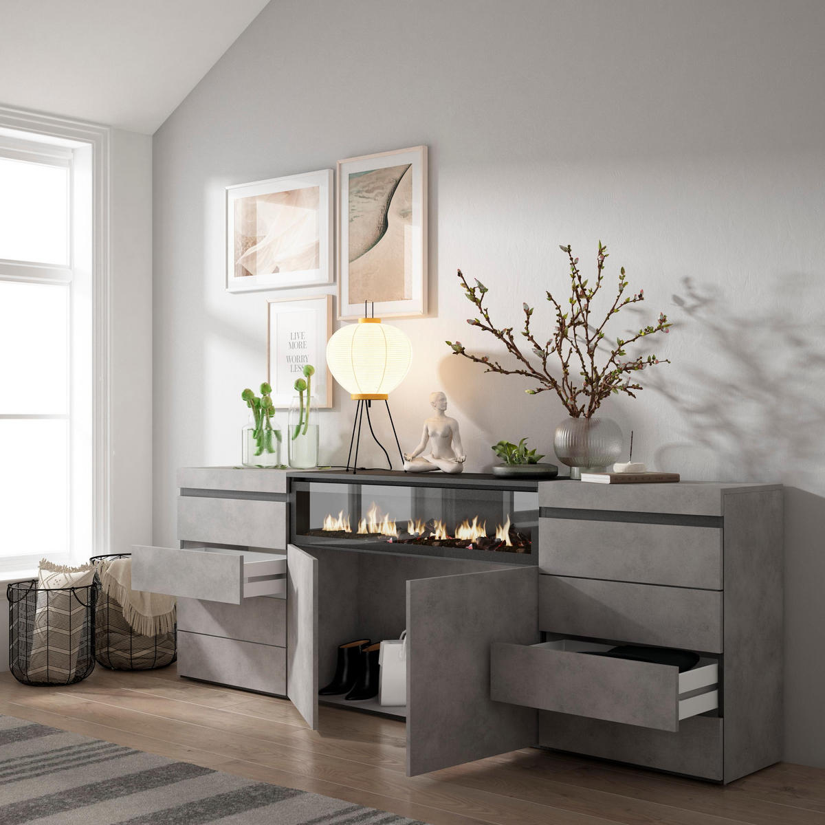 KOMMODE mit Schubladen, Elektrokamin, zementgrau, 214/35/75 cm - Grau, Holzwerkstoff (35/75/214cm) - Skraut Home