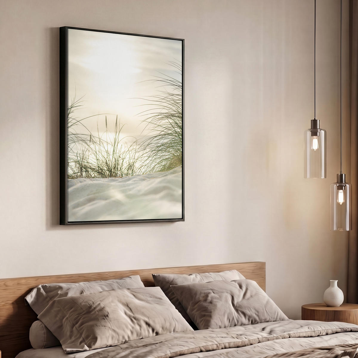 LEINWAND Bilder mit Rahmen - Dünen mit Strandhafer in der Sonne des Nationalparks Schleswig-Holsteinisches Wattenmeer - 70x100 - Creme, Textil (70/100cm) - MuchoWow