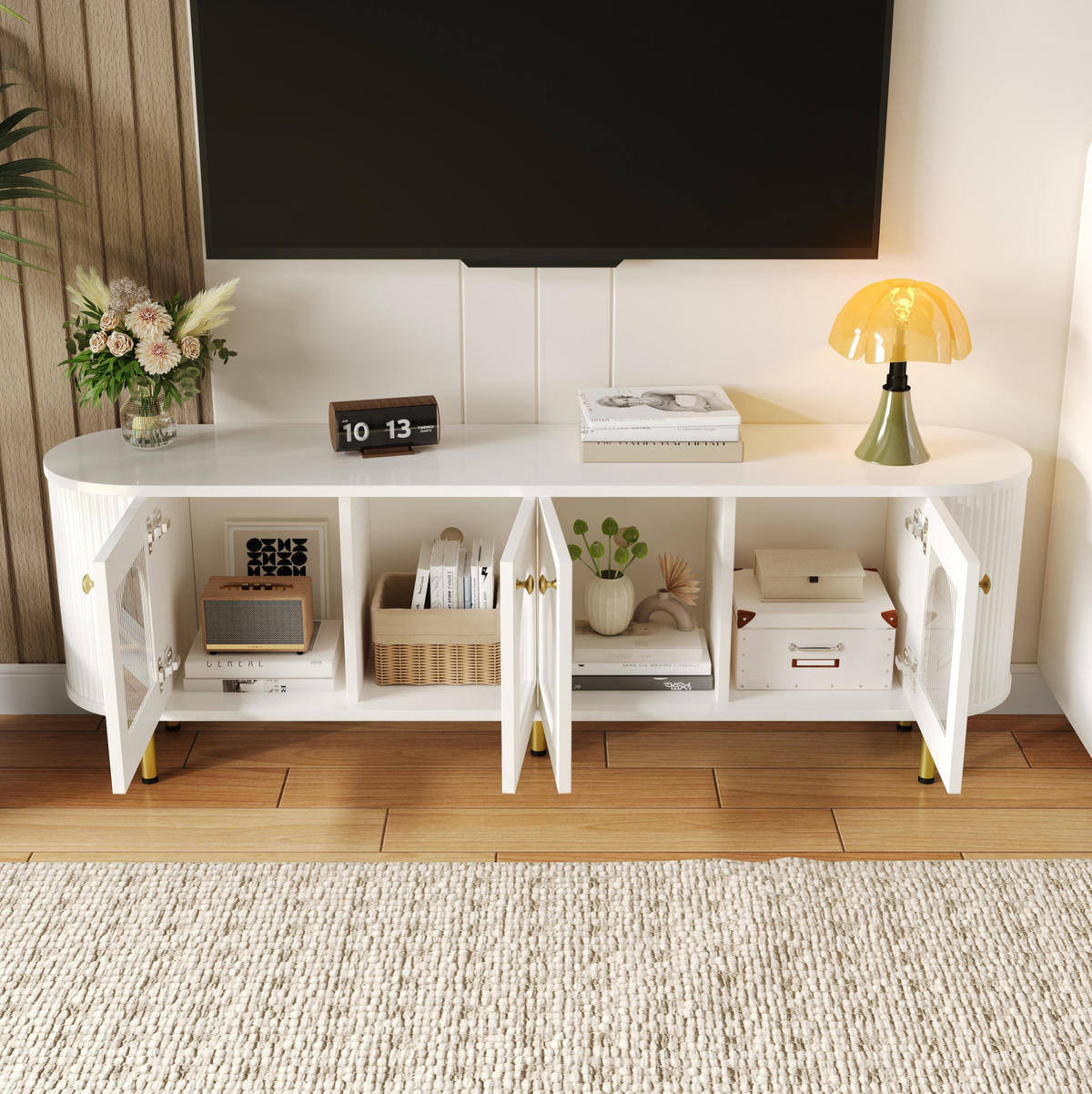 TV-ELEMENT mit 4 Glastüren 170 x 35 x 55 cm MDF White and Gold - Weiß, Holzwerkstoff (35/55/170cm) - Beauniv