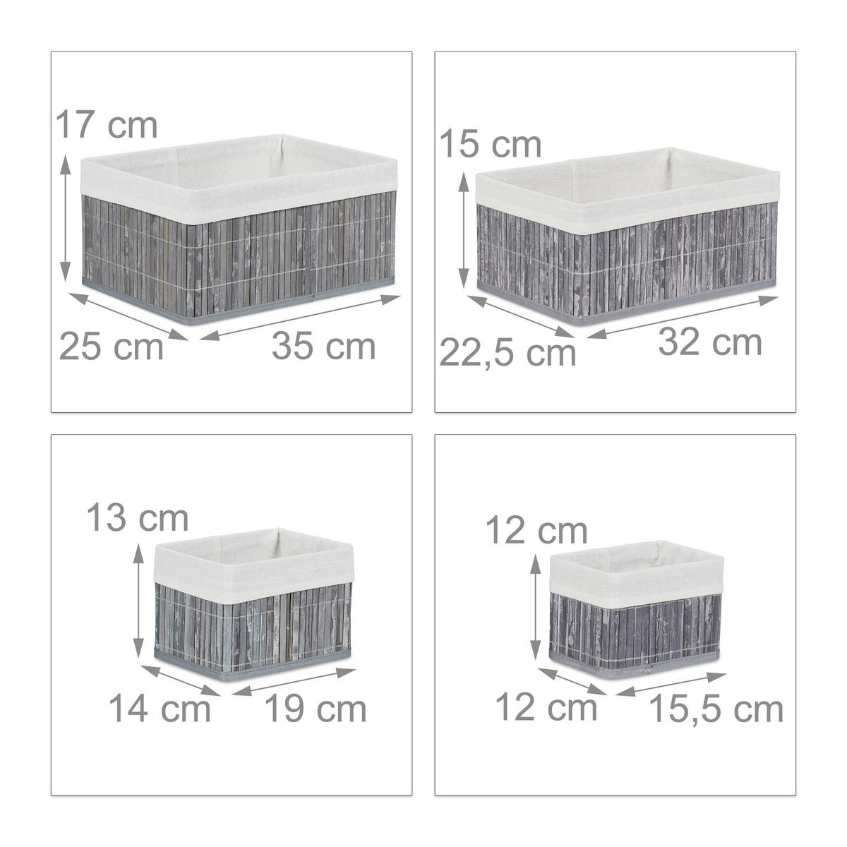 6XAUFBEWAHRUNGSKORB - Grau, Holz/Textil (35/17/25cm) - Relaxdays