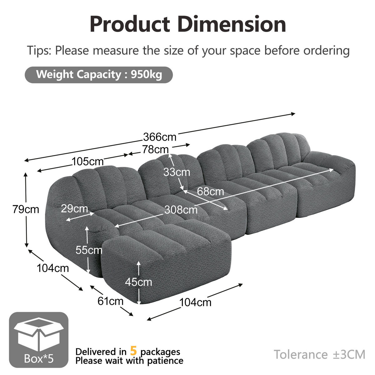 4-SITZER Sofa 366x165x79 cm aus granuliertem Fleece rahmenlos modular mit Ottoman, grau - Grau, Textil (165/79/366cm)