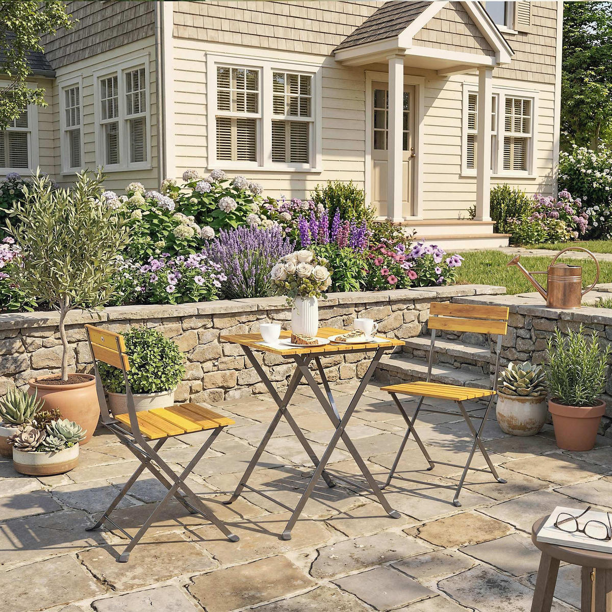 BISTROTISCH-MIT-2-STÜHLEN 3er Set Akazienholz Stahl Teak - Schwarz/Teakfarben, Metall - Outsunny