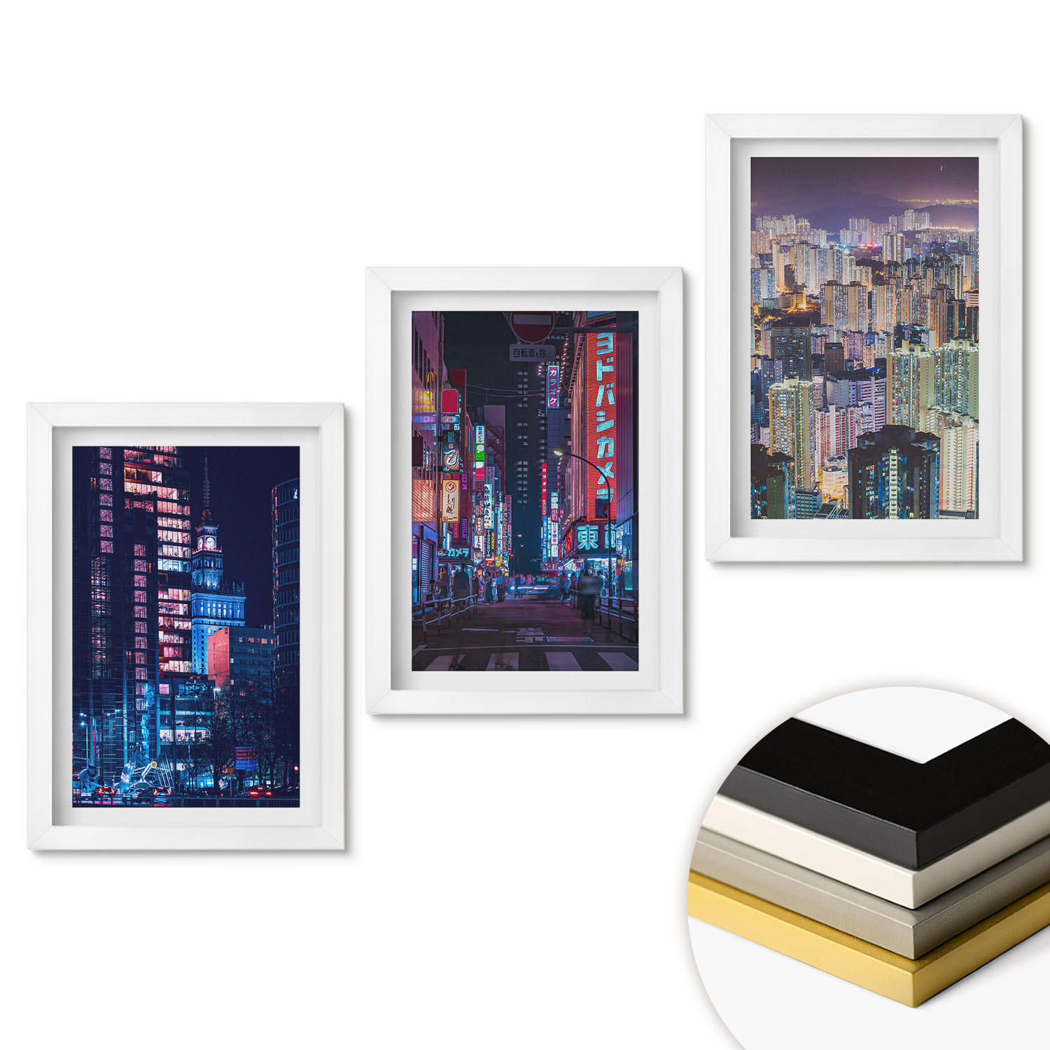 WANDBILDER 3er-Set - 20x30 cm Weißer Rahmen - Neonlichter der nächtlichen Stadt - Weiß, Kunststoff (20/30cm) - ArtPrintCave