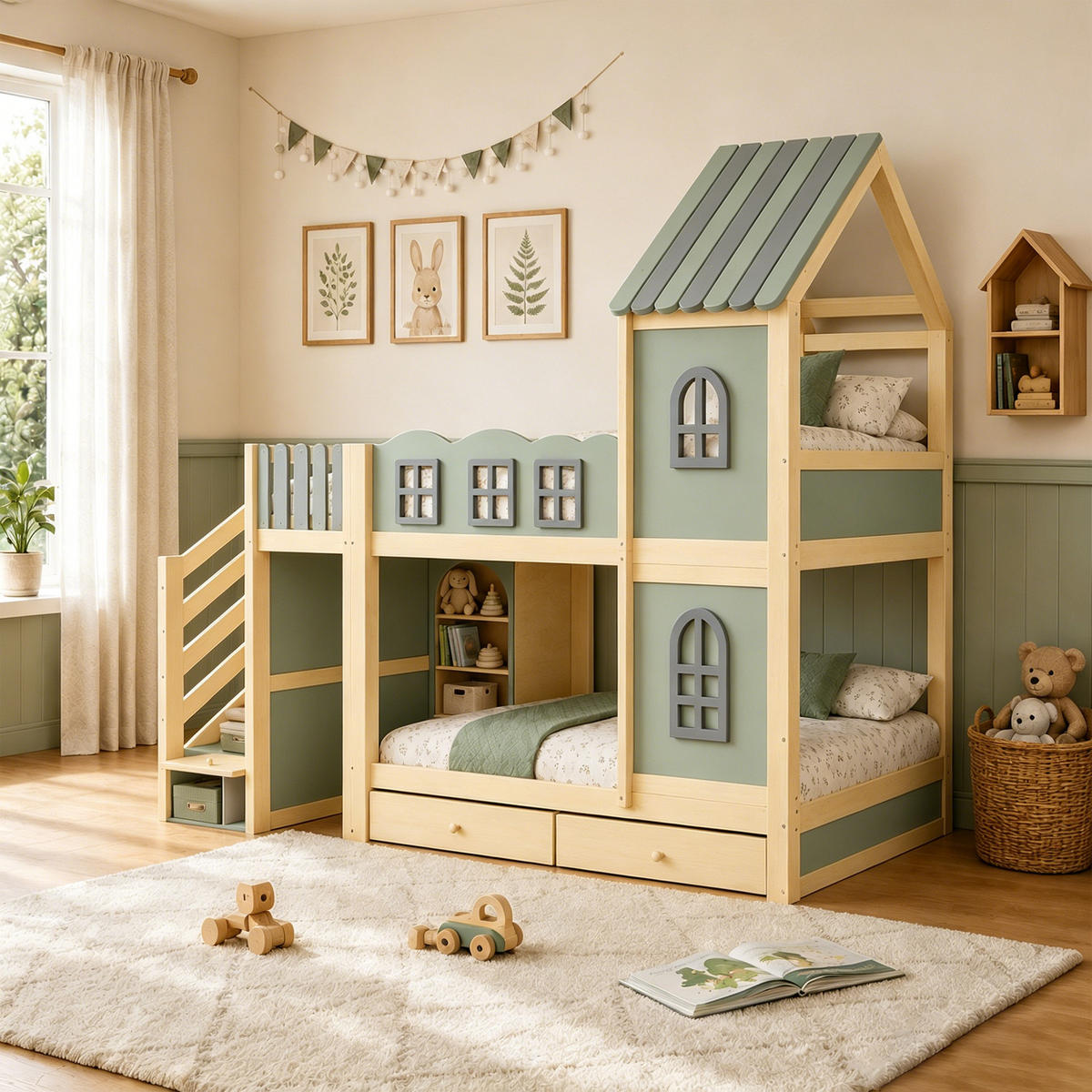 ETAGENBETT 90/200 cm in Grün/Grau/Naturholz mit Stauraumleiter, Schubladen und Regalen - Grün, Holz/Holzwerkstoff (90/200cm) - WISHDOR