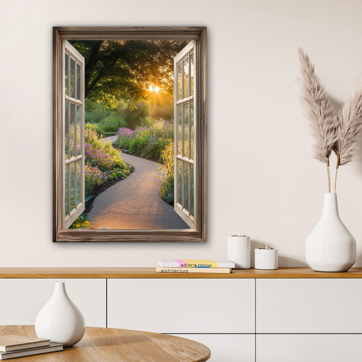 LEINWANDBILD Aussicht - Blumen - Natur - Sonne - Weg 60x80 cm - Hellgelb, Textil (60/80cm) - MuchoWow