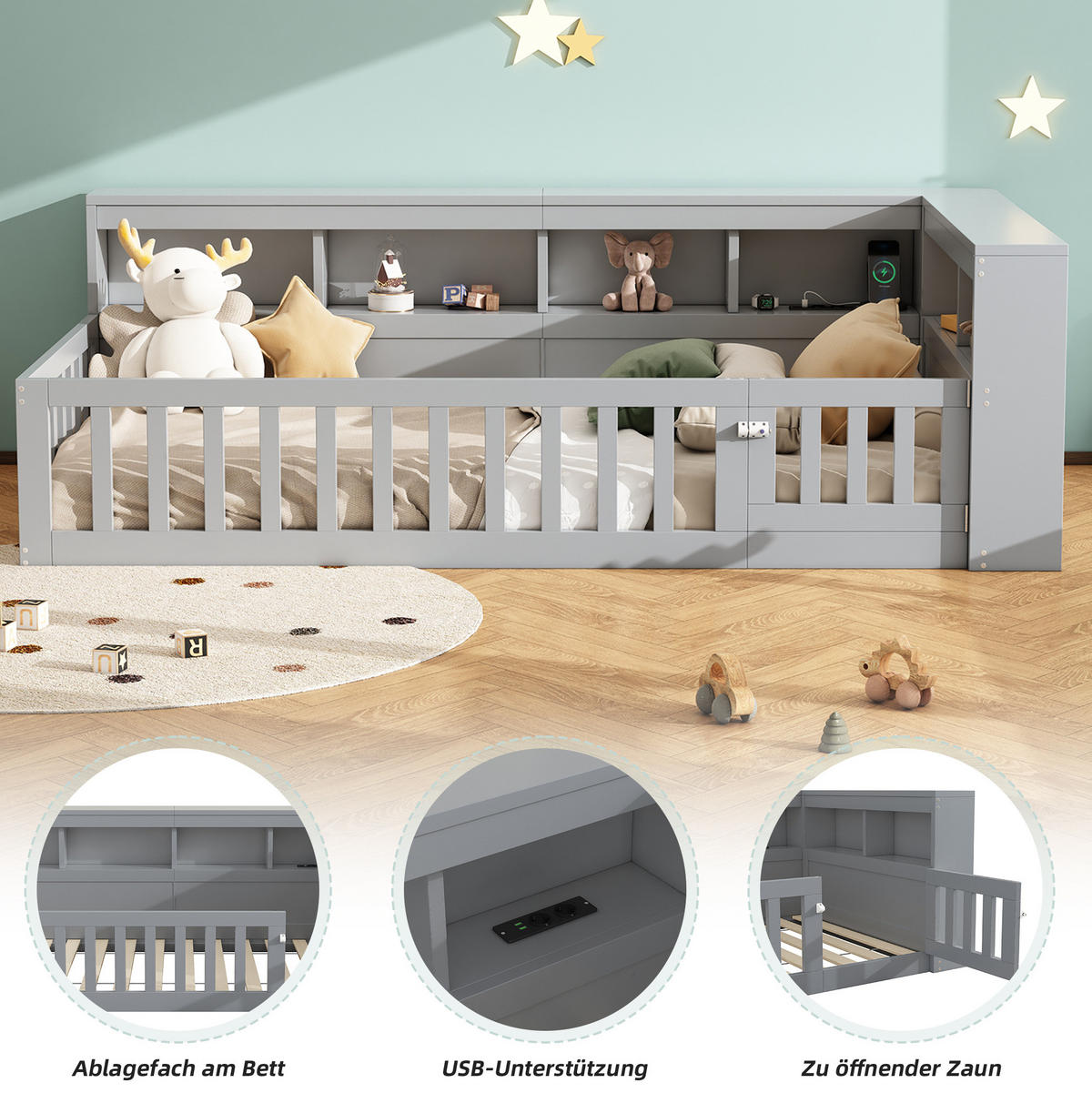 DAYBETT 90/200 cm Grau mit Steckdose, USB, Staufach, ohne Matratze - Grau, Holzwerkstoff (90/200cm) - MIVRAY