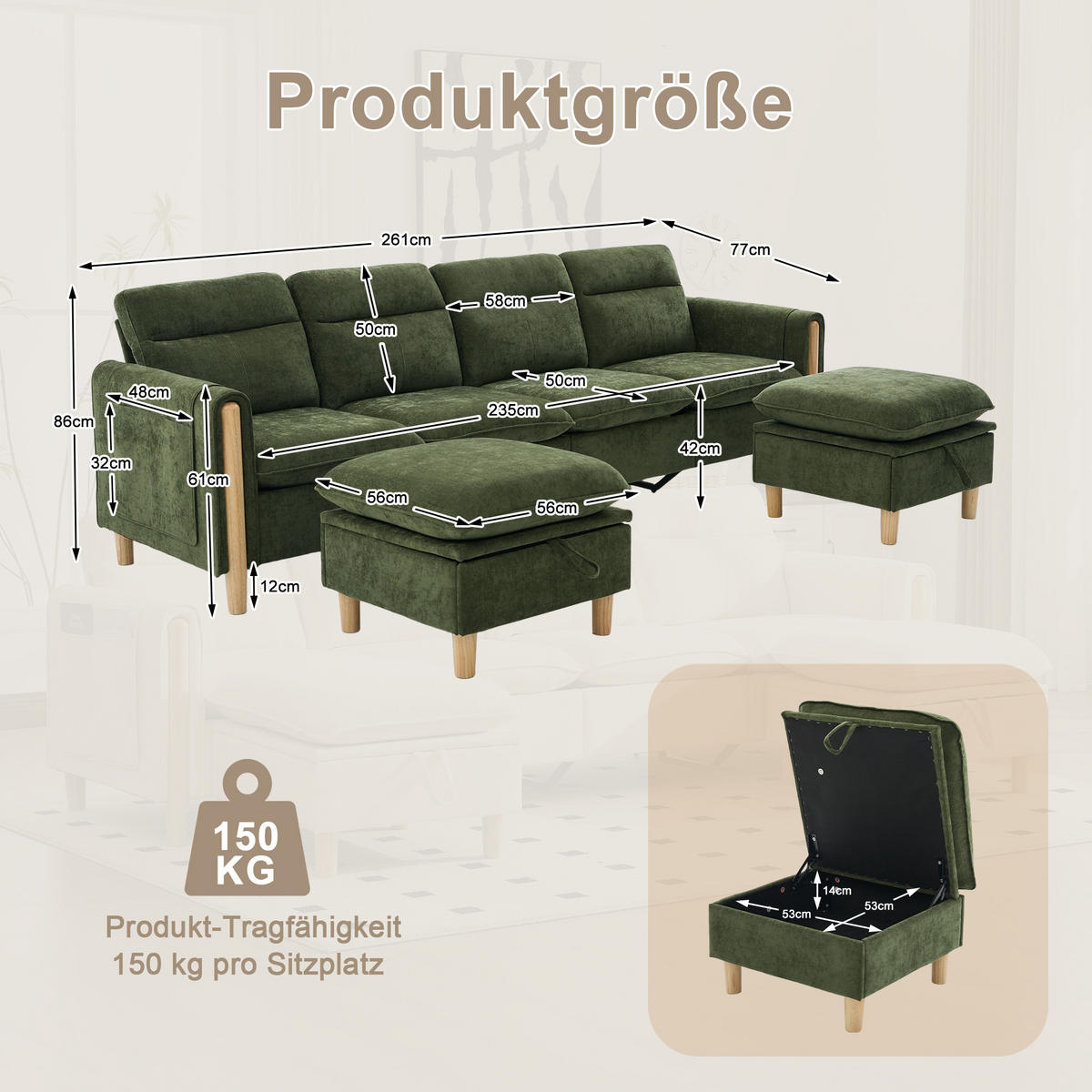 WOHNLANDSCHAFT U-Form modular mit 2 Stauraum-Hockern, DE-33935, Grün - Grün, Holzwerkstoff (261/86/77cm) - ComfortXL