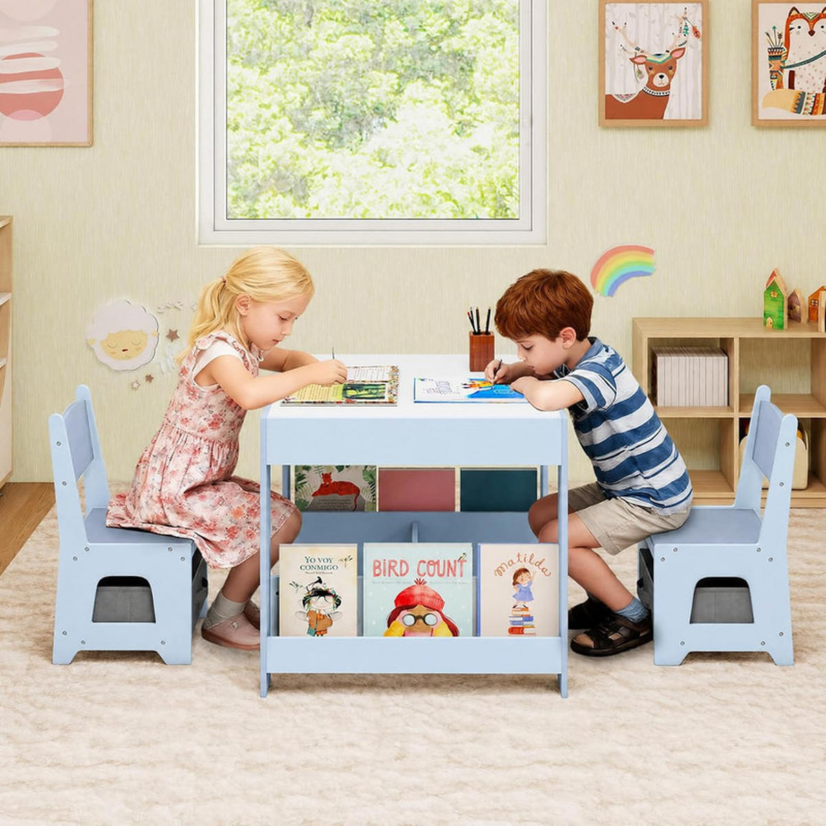 KINDERTISCH mit Stuhl blau(3-tlg) - Blau, Holzwerkstoff (62/56.5/62cm) - COSTWAY