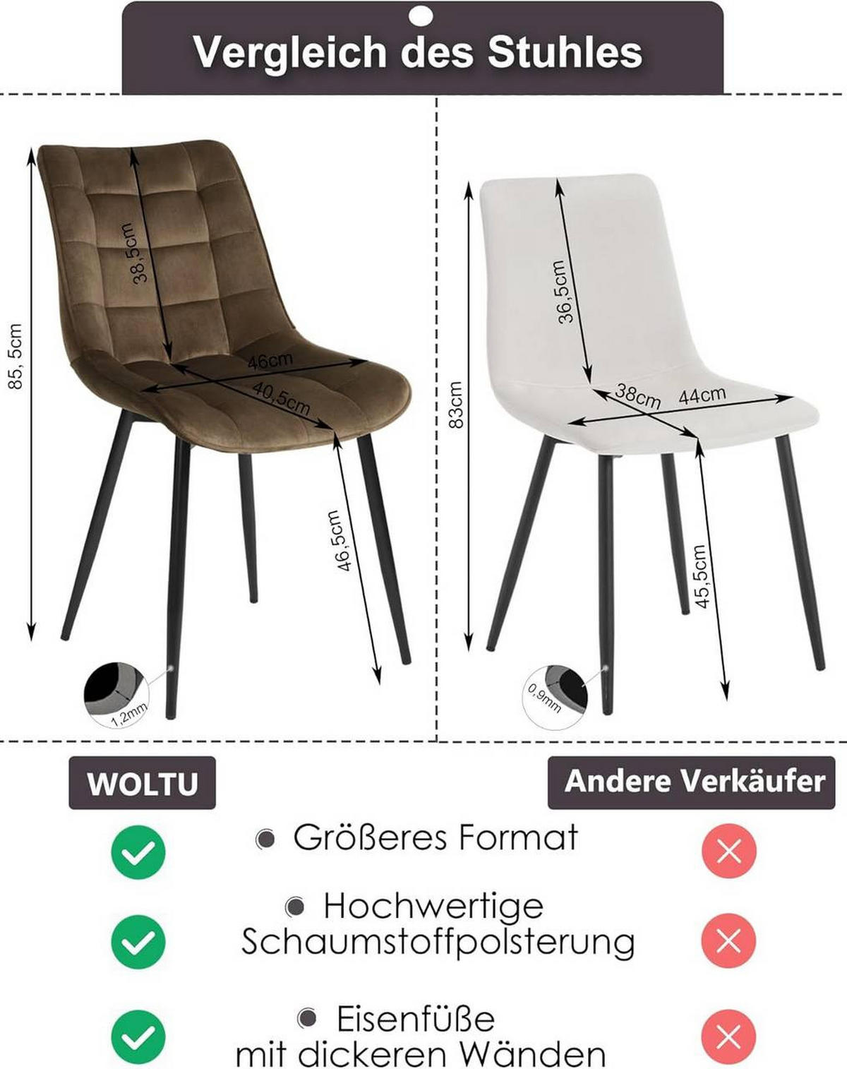ESSZIMMERSTUHL 2er Set, Samt, Metallbeine, Braun - Schwarz/Braun, Textil/Metall (46/85.5/40.5cm) - Woltu