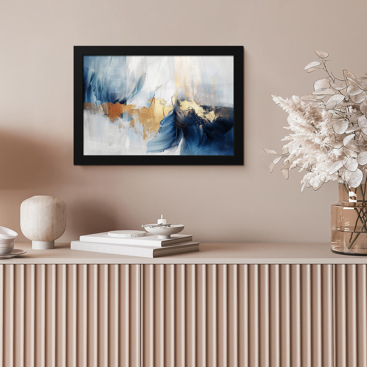 POSTER MIT RAHMEN Gold - Blau - Aquarell - Kunst - Modern 30x20 cm - Hellblau, Papier (30/20cm) - MuchoWow