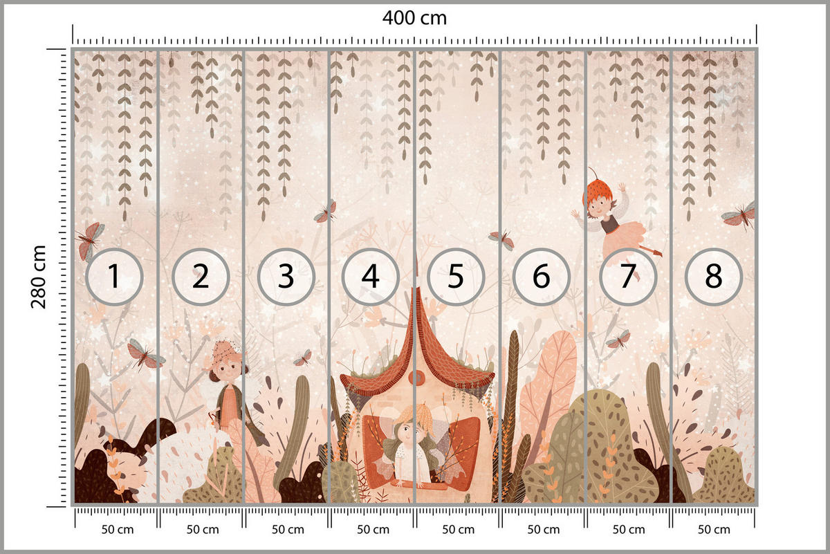 FOTOTAPETE für Kinderzimmer Feen Aquarell Wald Blumen Blätter Boho 400x280 - Beige/Orange, Papier (400/280cm) - Muralo