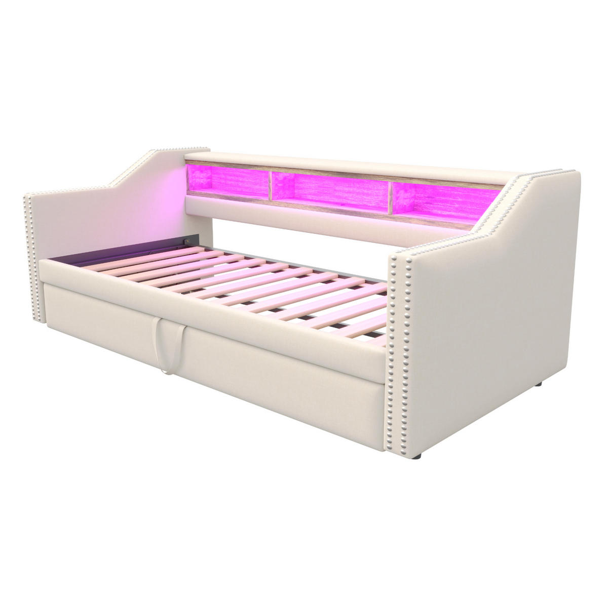 BETT 90/180x190 cm ausziehbar, inkl. Lattenrost und USB, Beige - Beige, Textil (90/190cm) - BEAOK